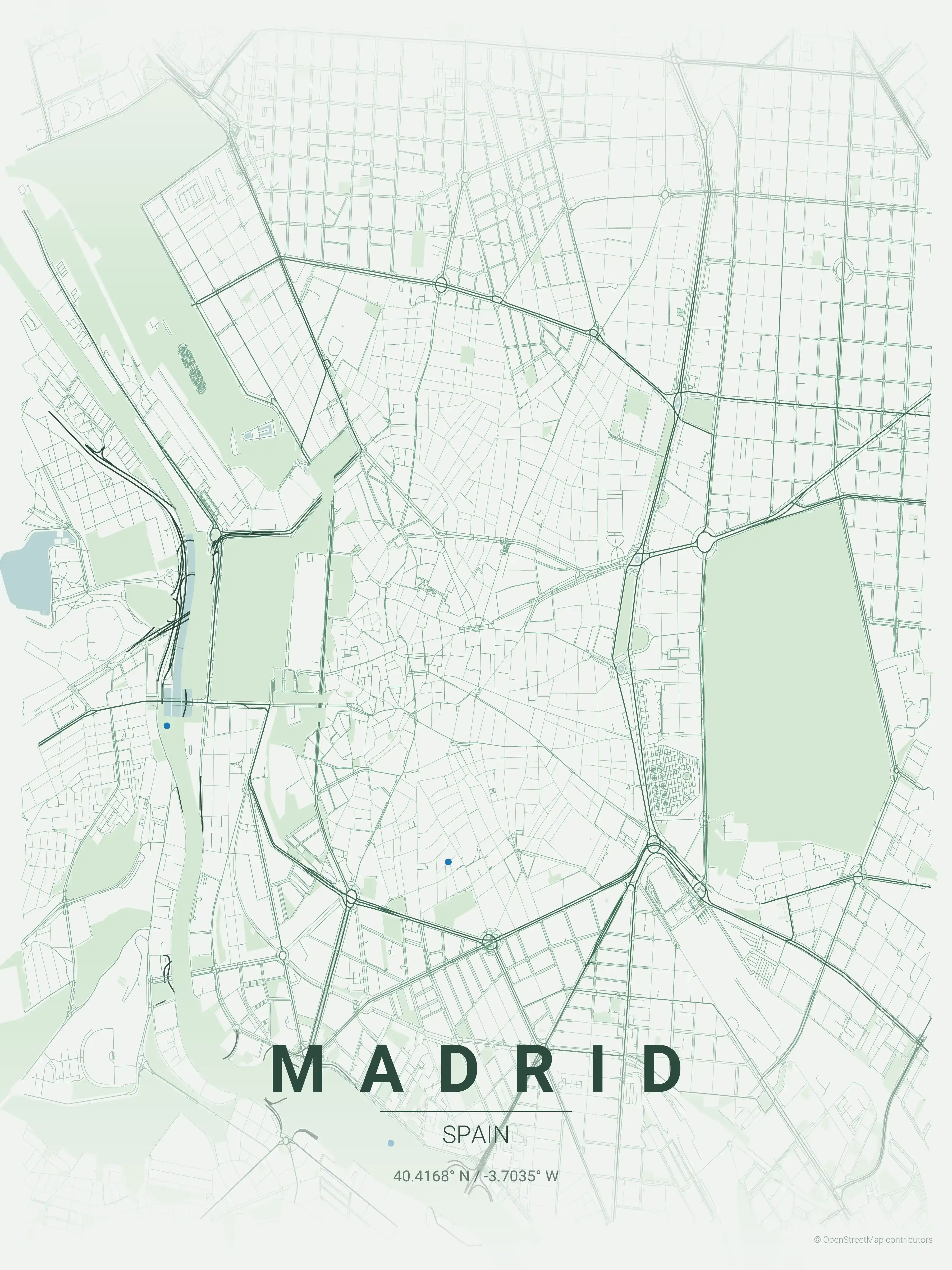 Minimalist forest street map of Madrid, Spain - Urban grid art