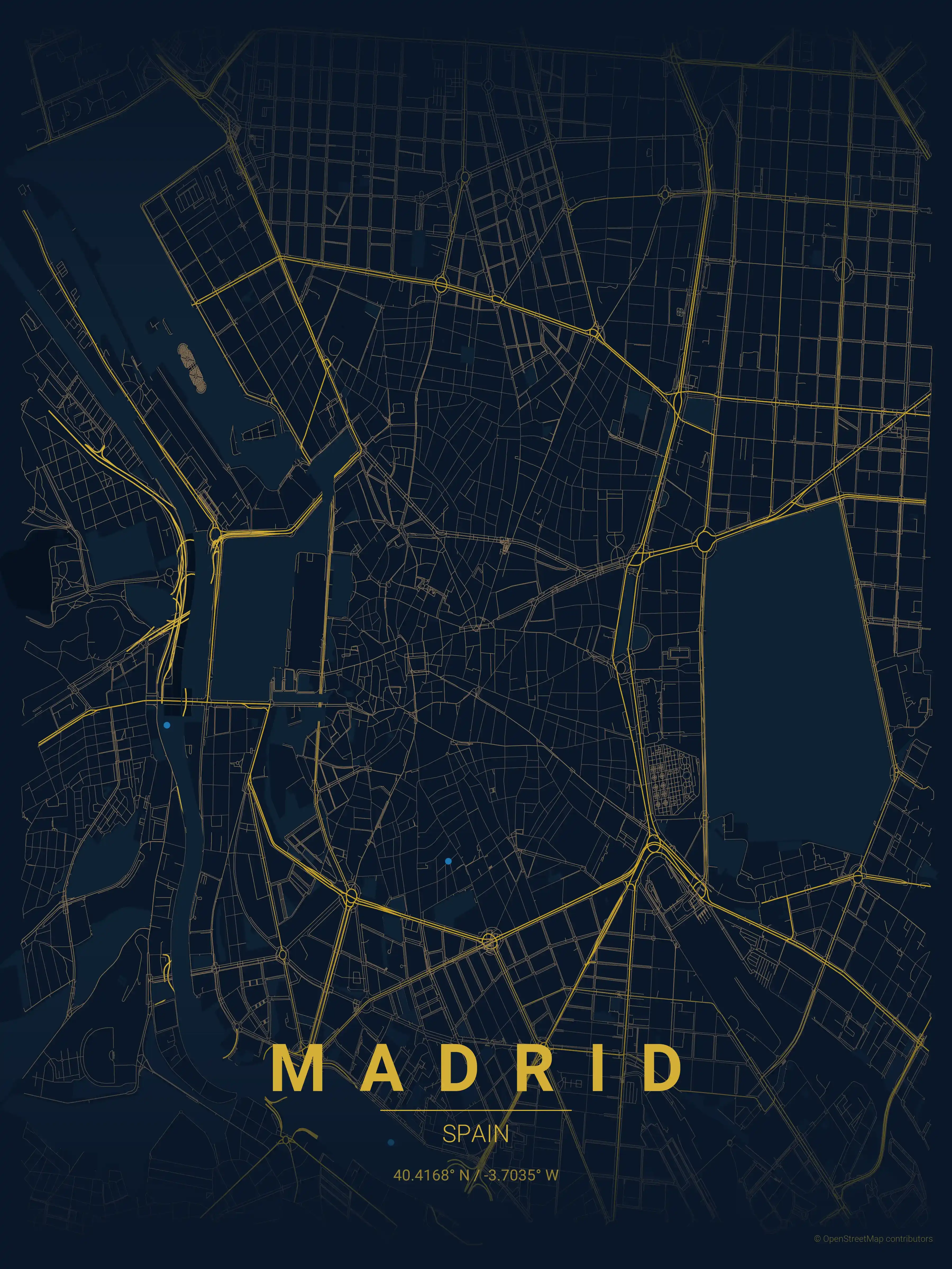 Minimalist midnight_blue street map of Madrid, Spain - Urban grid art