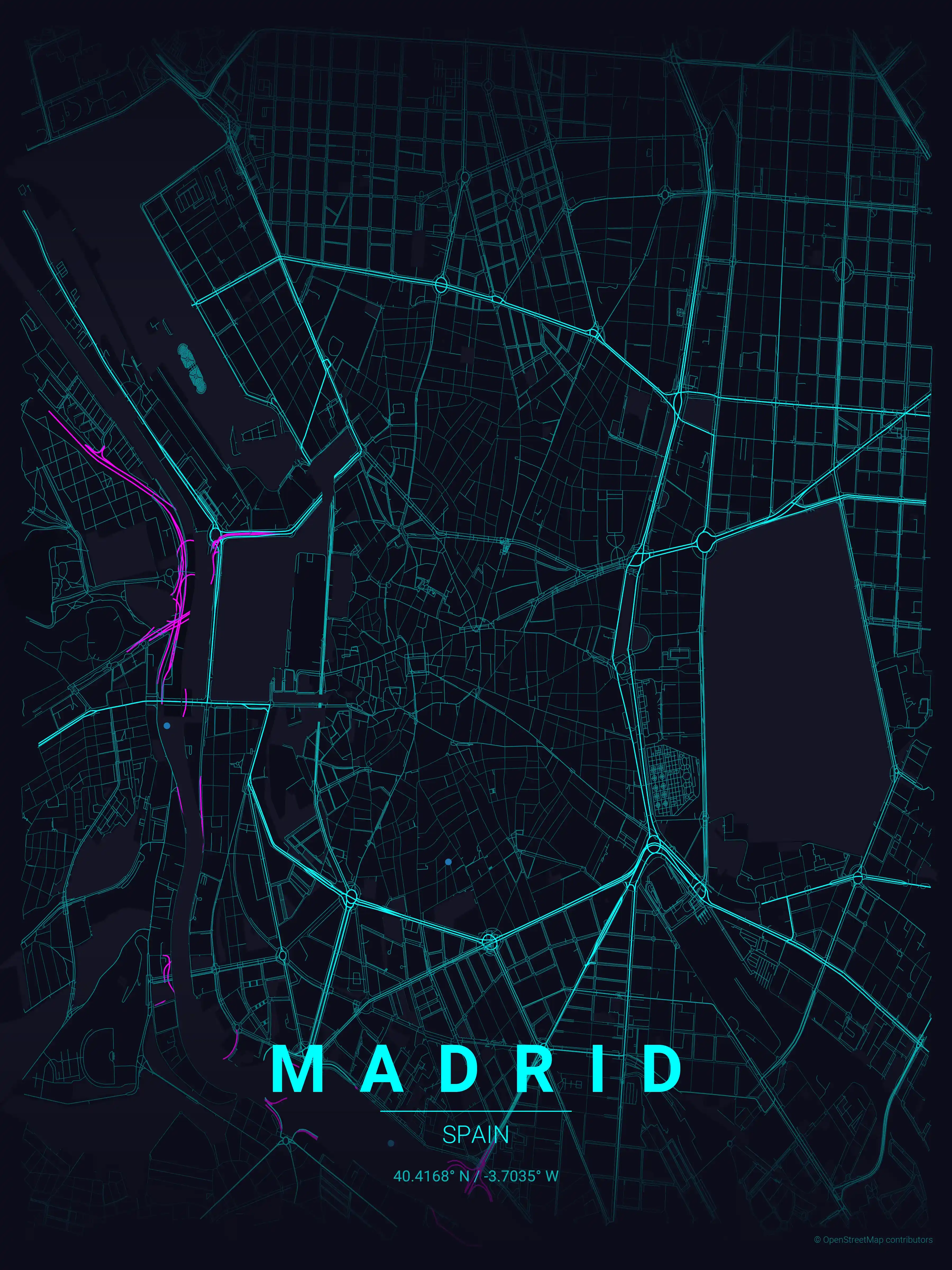 Minimalist neon_cyberpunk street map of Madrid, Spain - Urban grid art