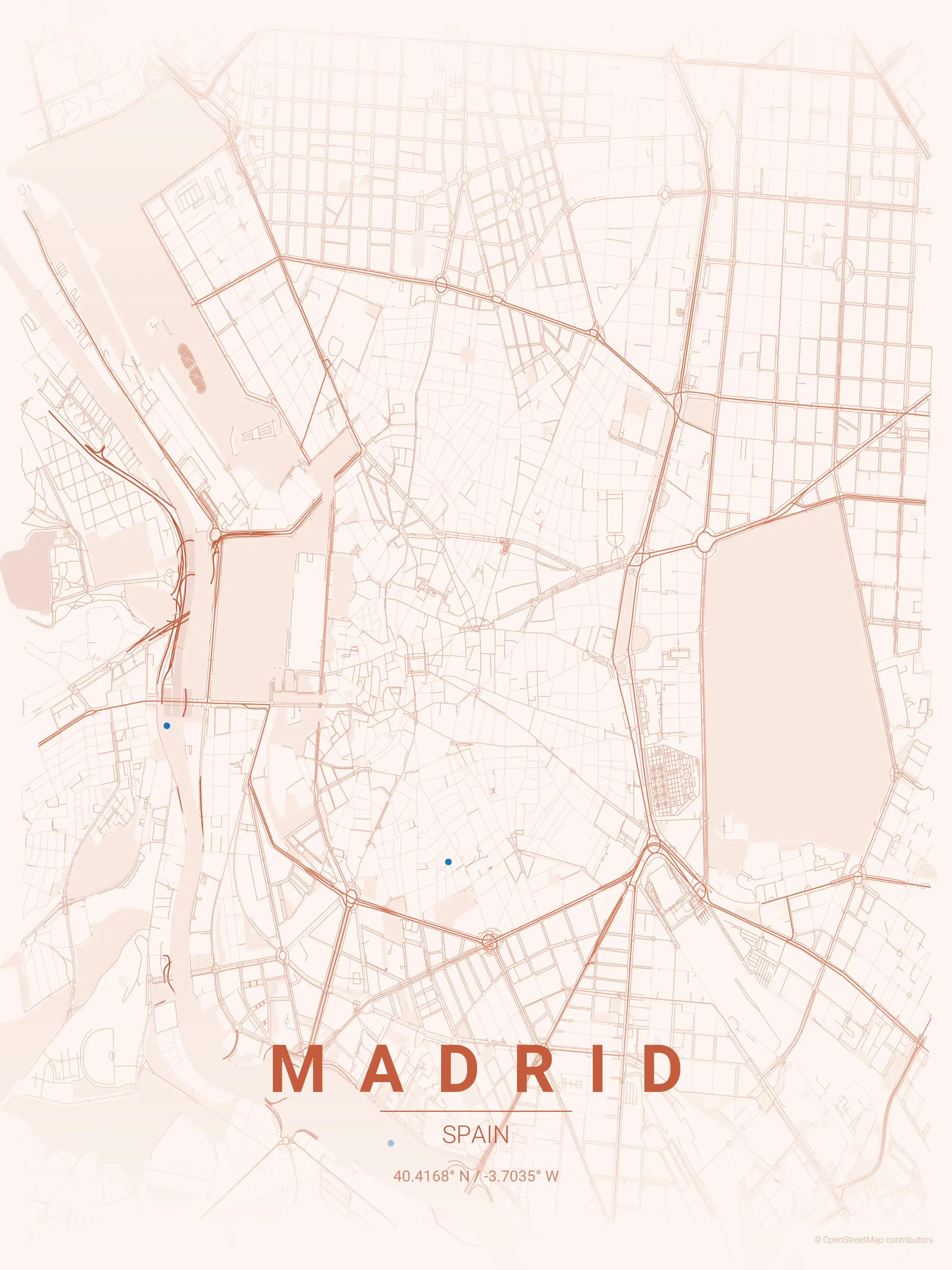 Minimalist sunset street map of Madrid, Spain - Urban grid art