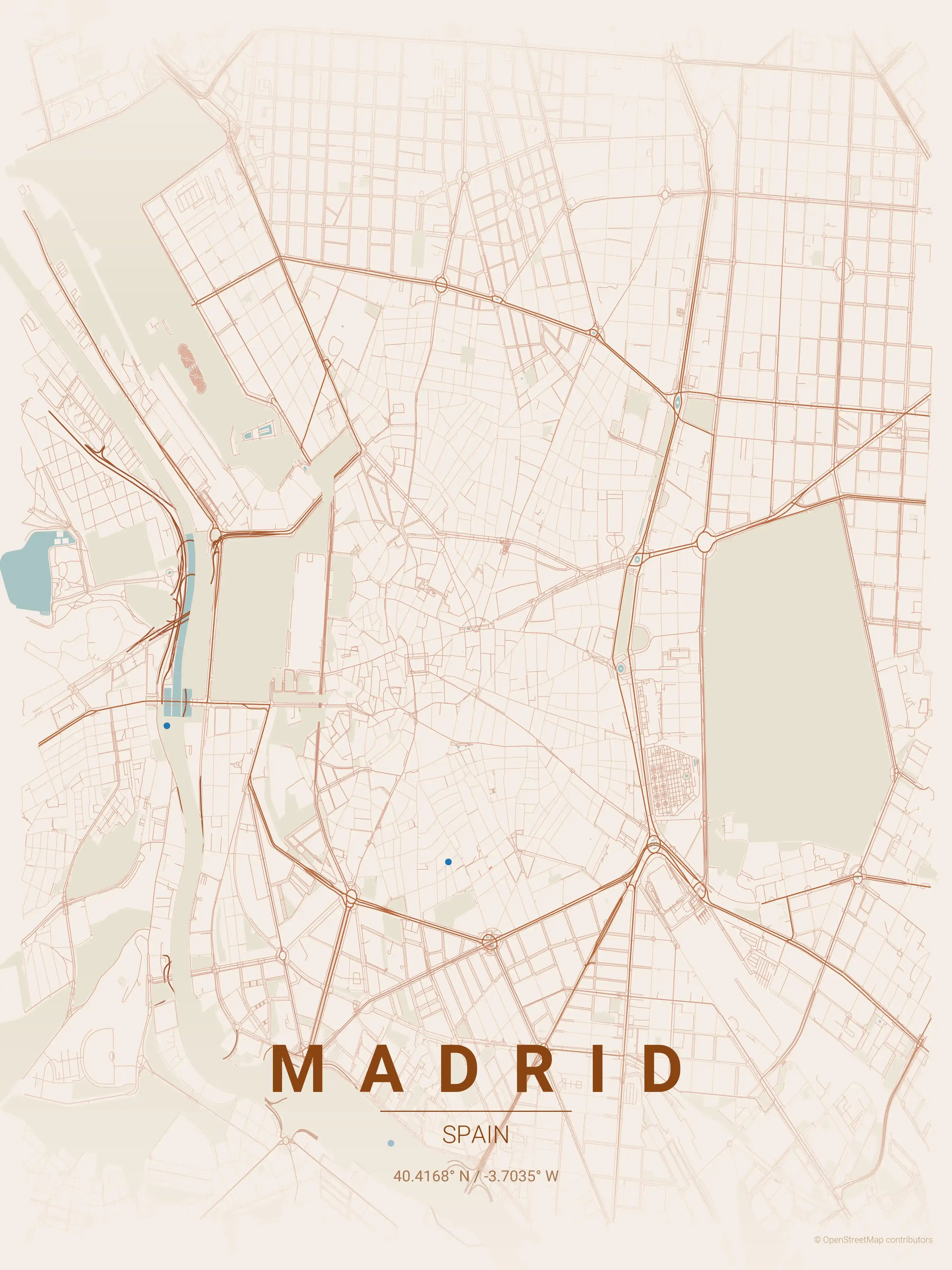 Minimalist terracotta street map of Madrid, Spain - Urban grid art
