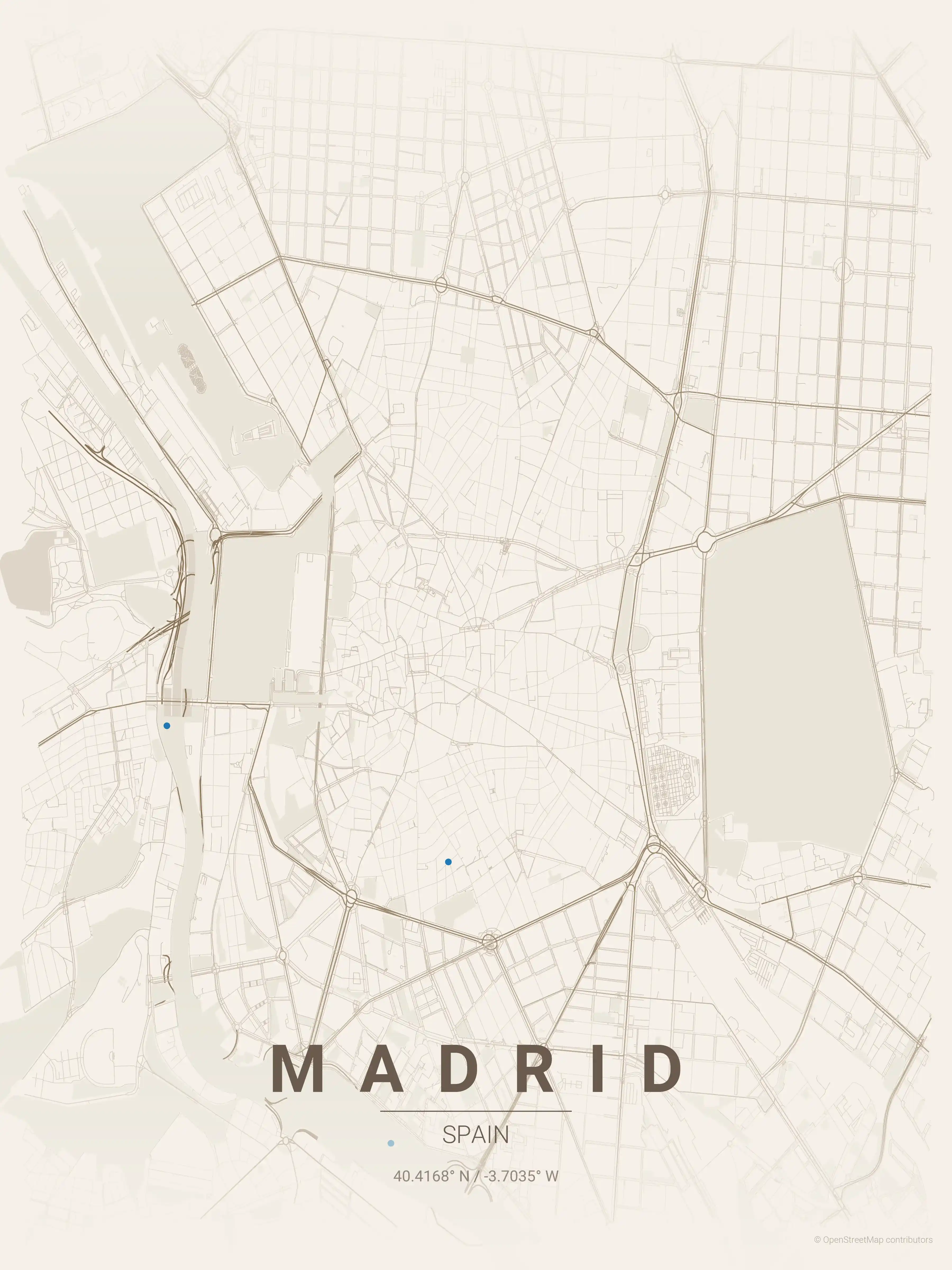 Minimalist warm_beige street map of Madrid, Spain - Urban grid art