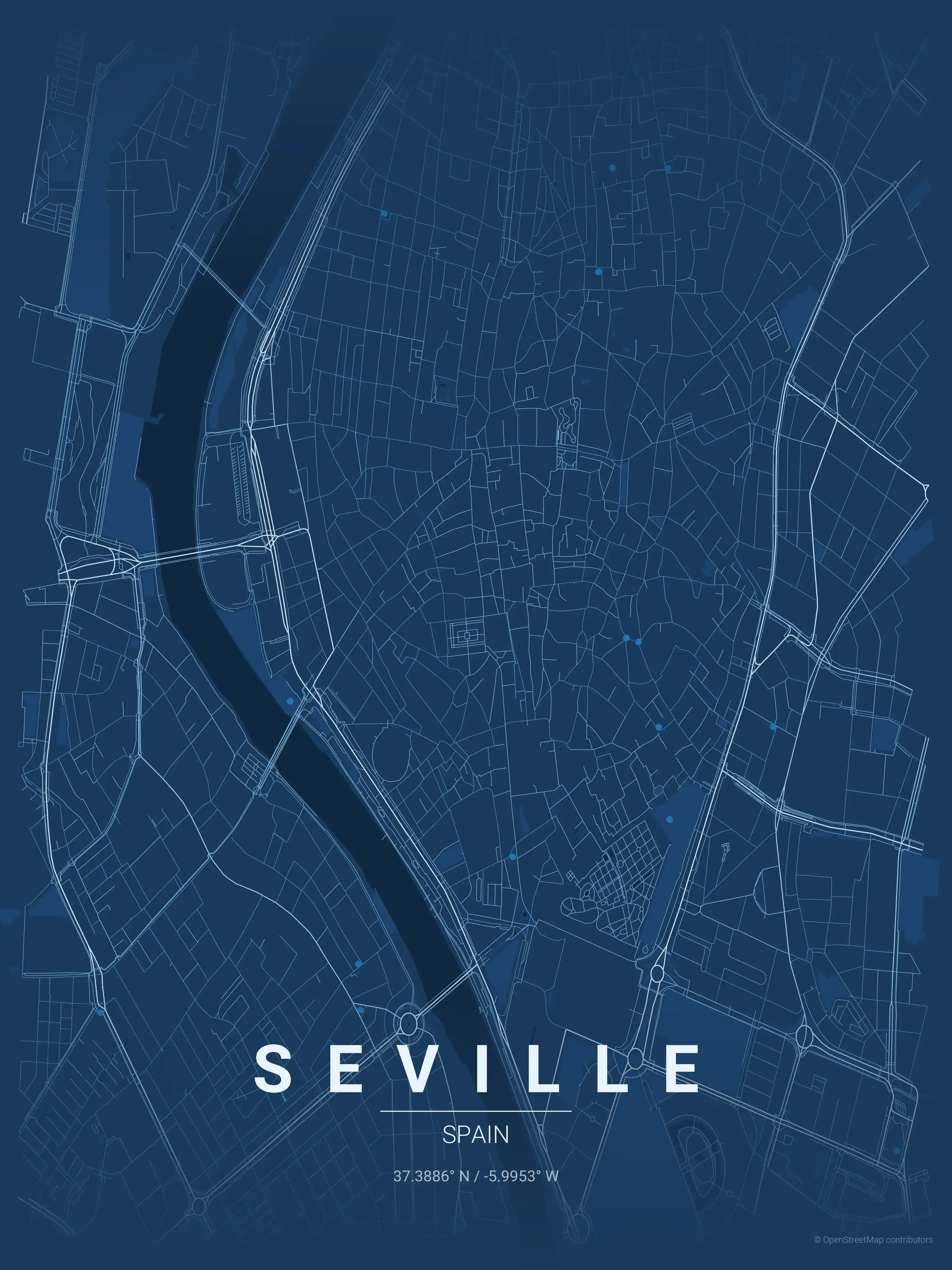 Minimalist blueprint street map of Seville, Spain - Urban grid art