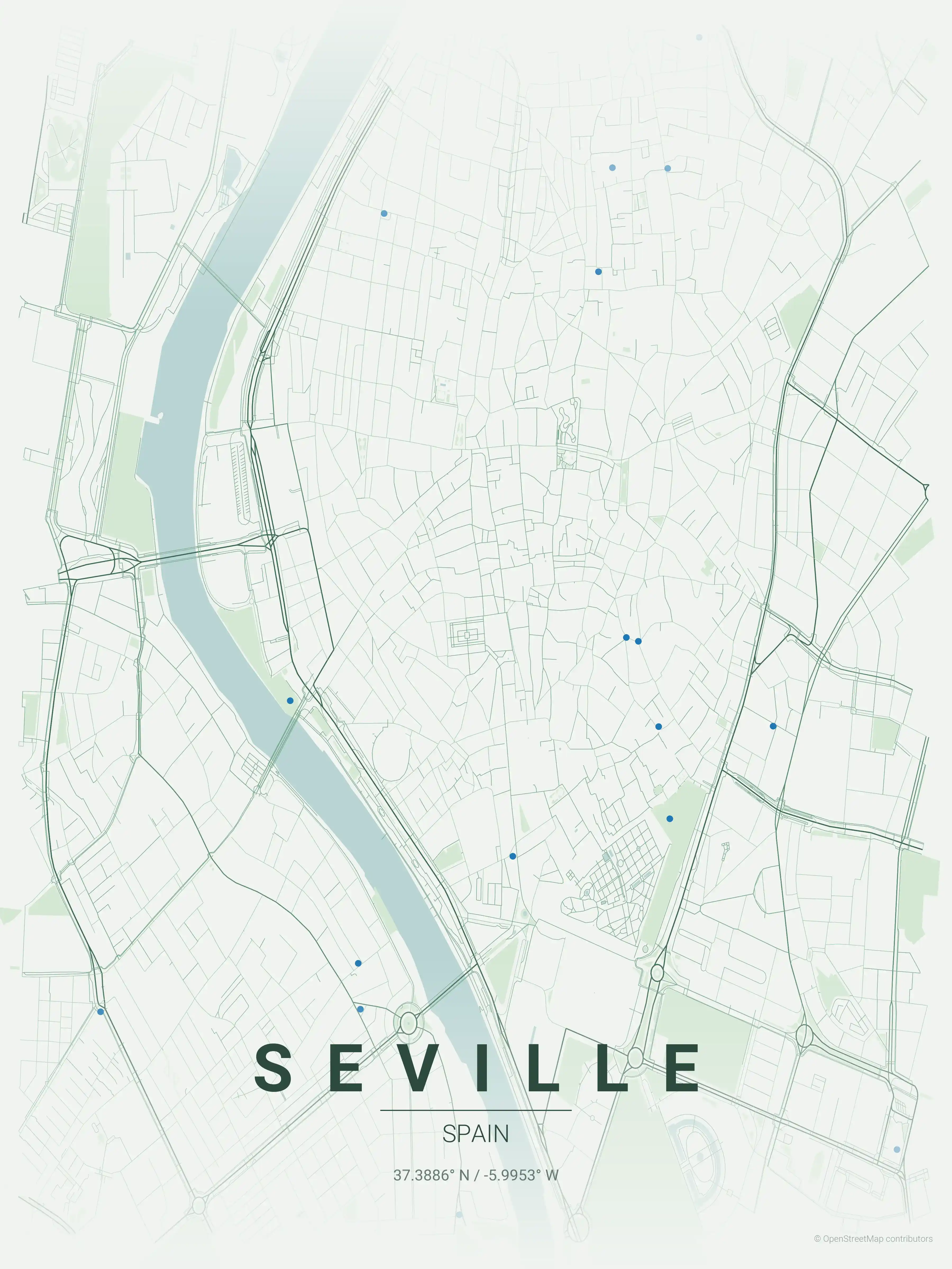 Minimalist forest street map of Seville, Spain - Urban grid art