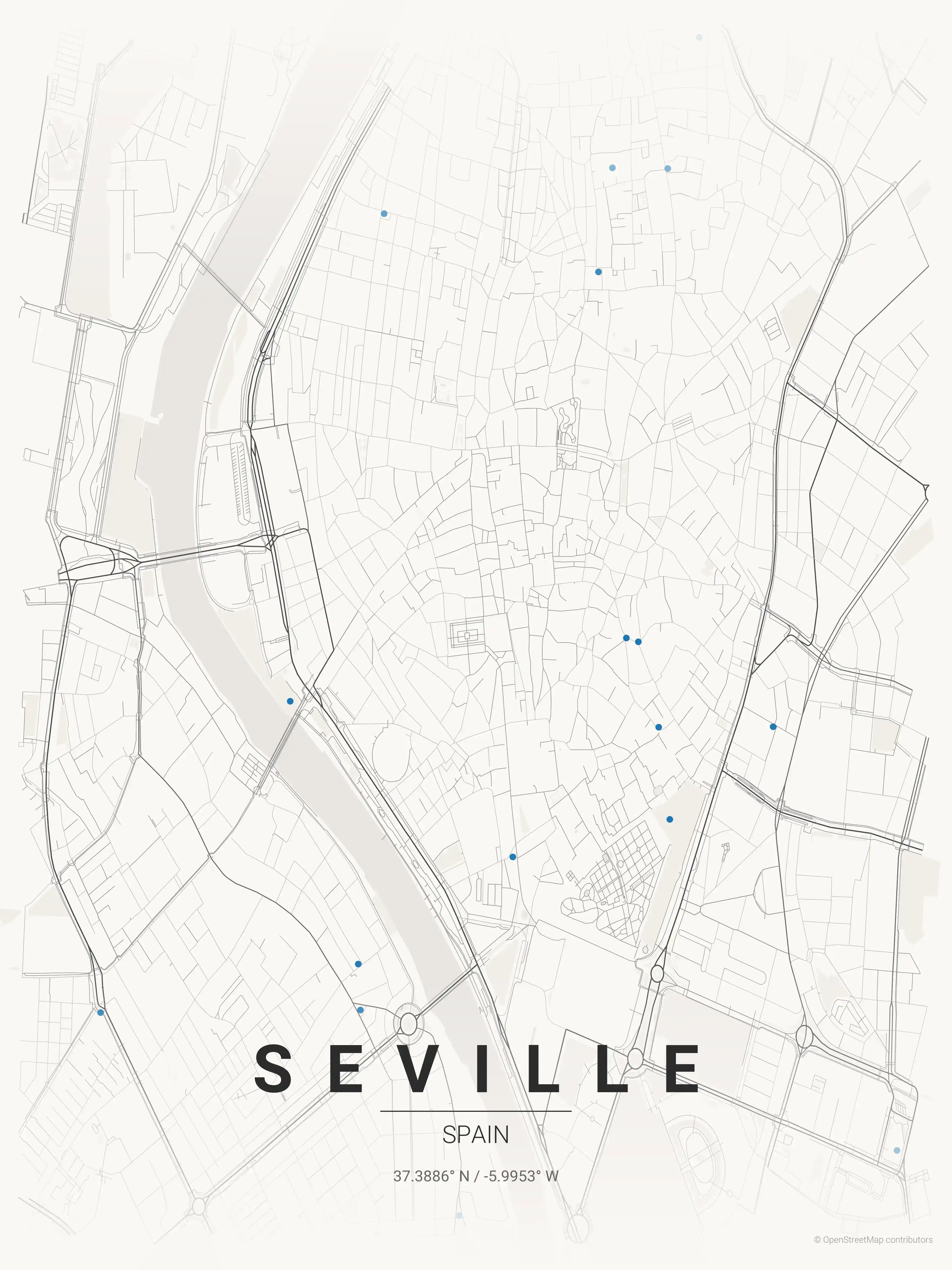 Minimalist japanese_ink street map of Seville, Spain - Urban grid art