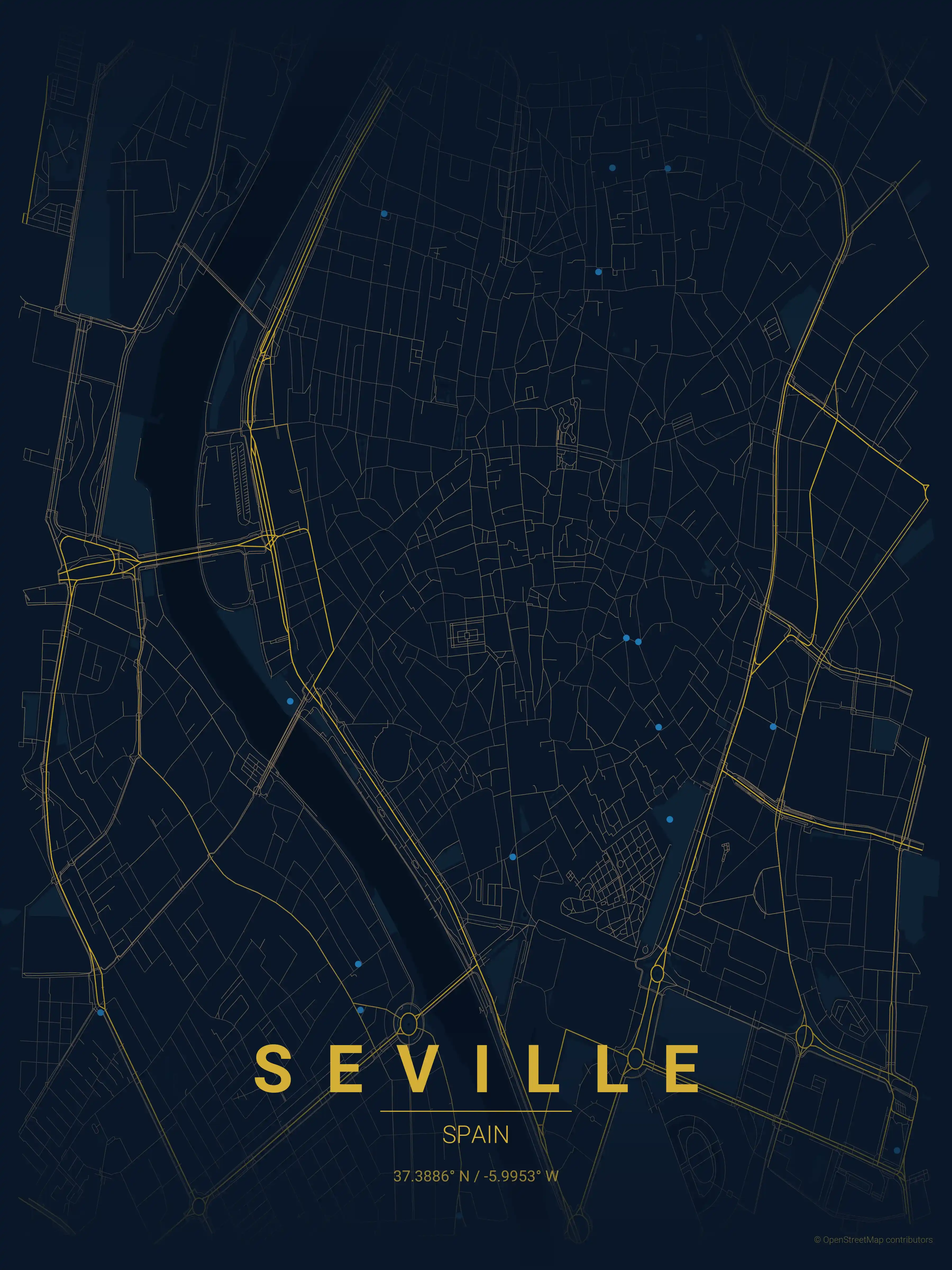 Minimalist midnight_blue street map of Seville, Spain - Urban grid art