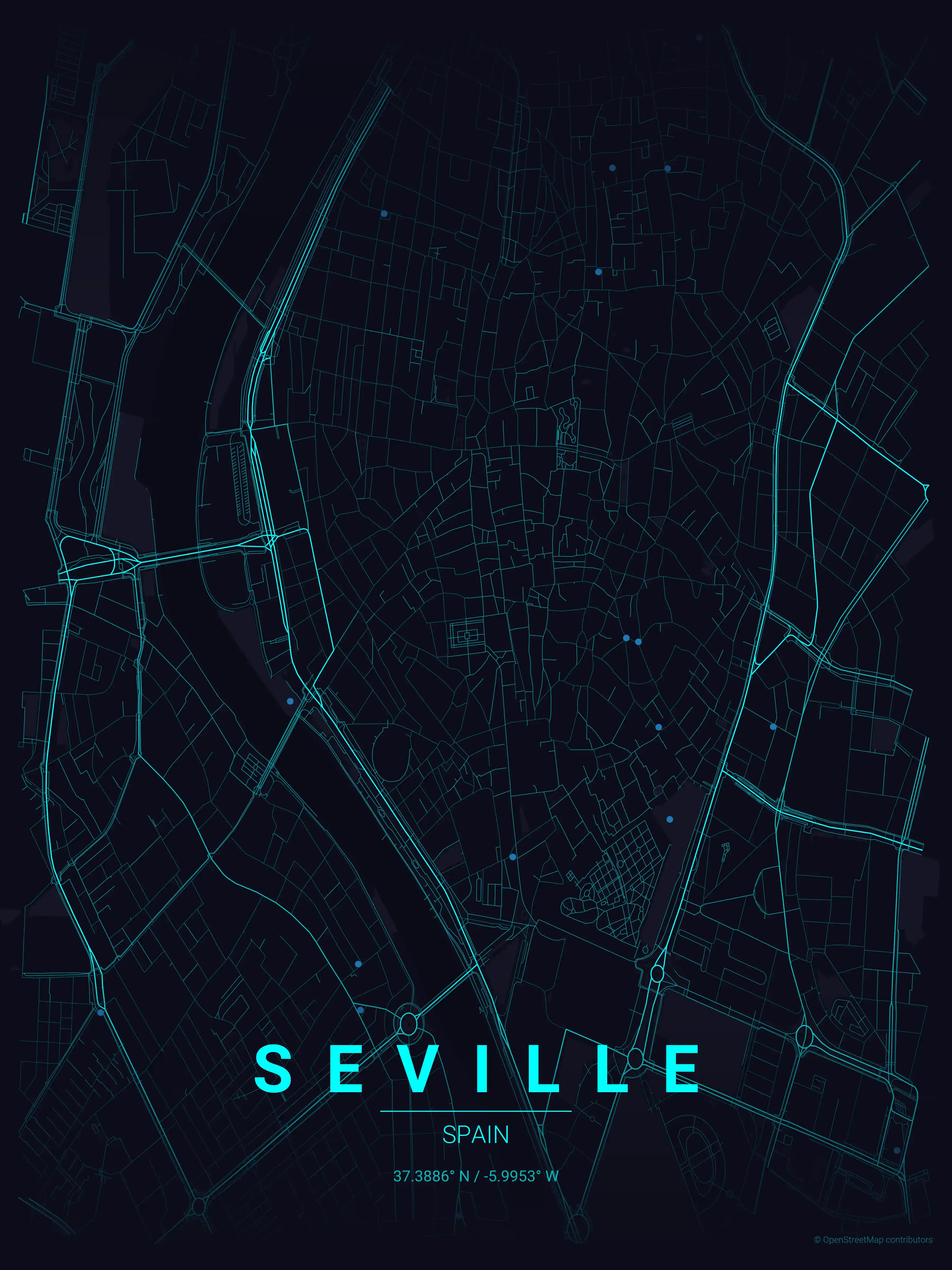 Minimalist neon_cyberpunk street map of Seville, Spain - Urban grid art