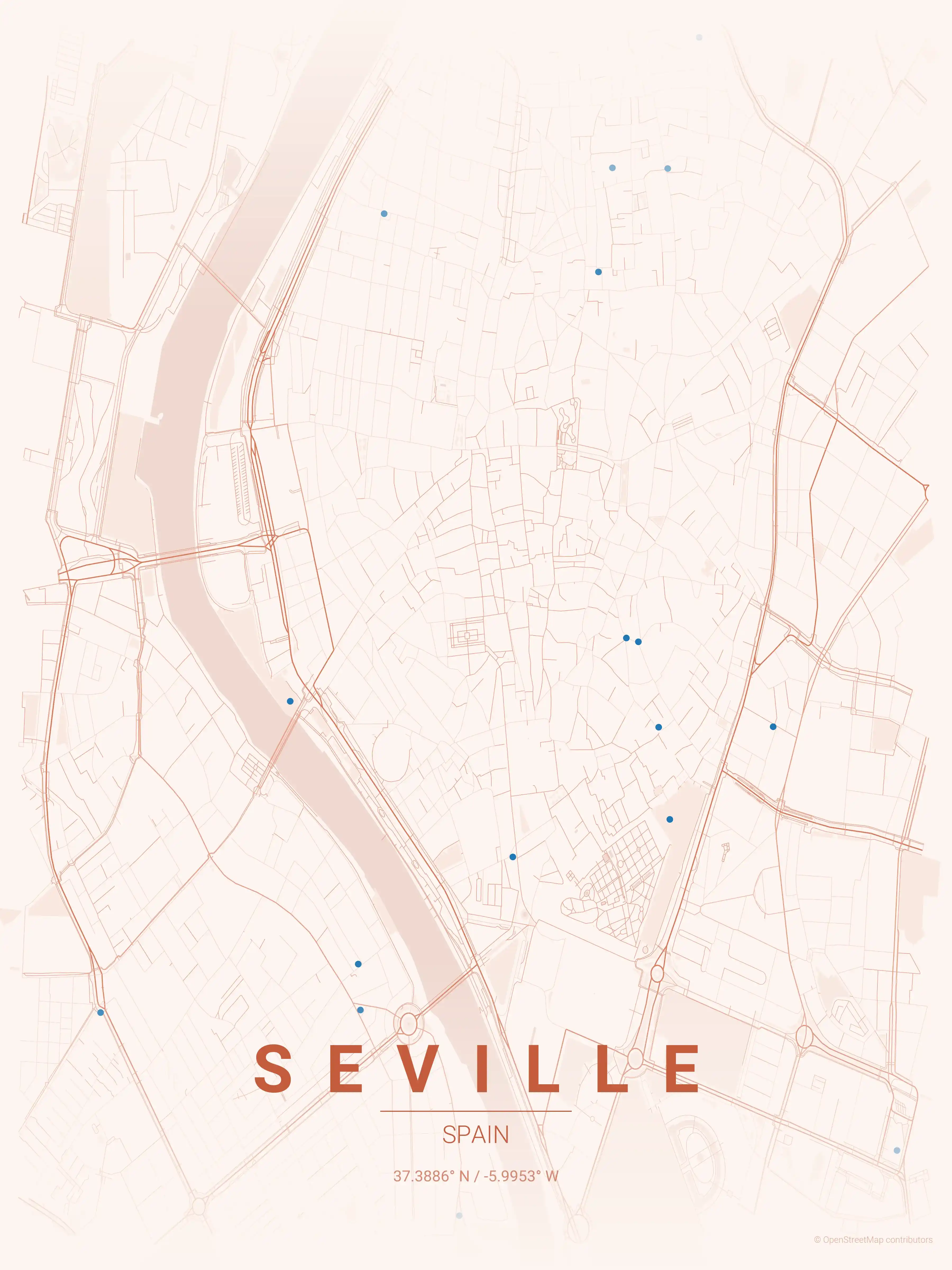 Minimalist sunset street map of Seville, Spain - Urban grid art