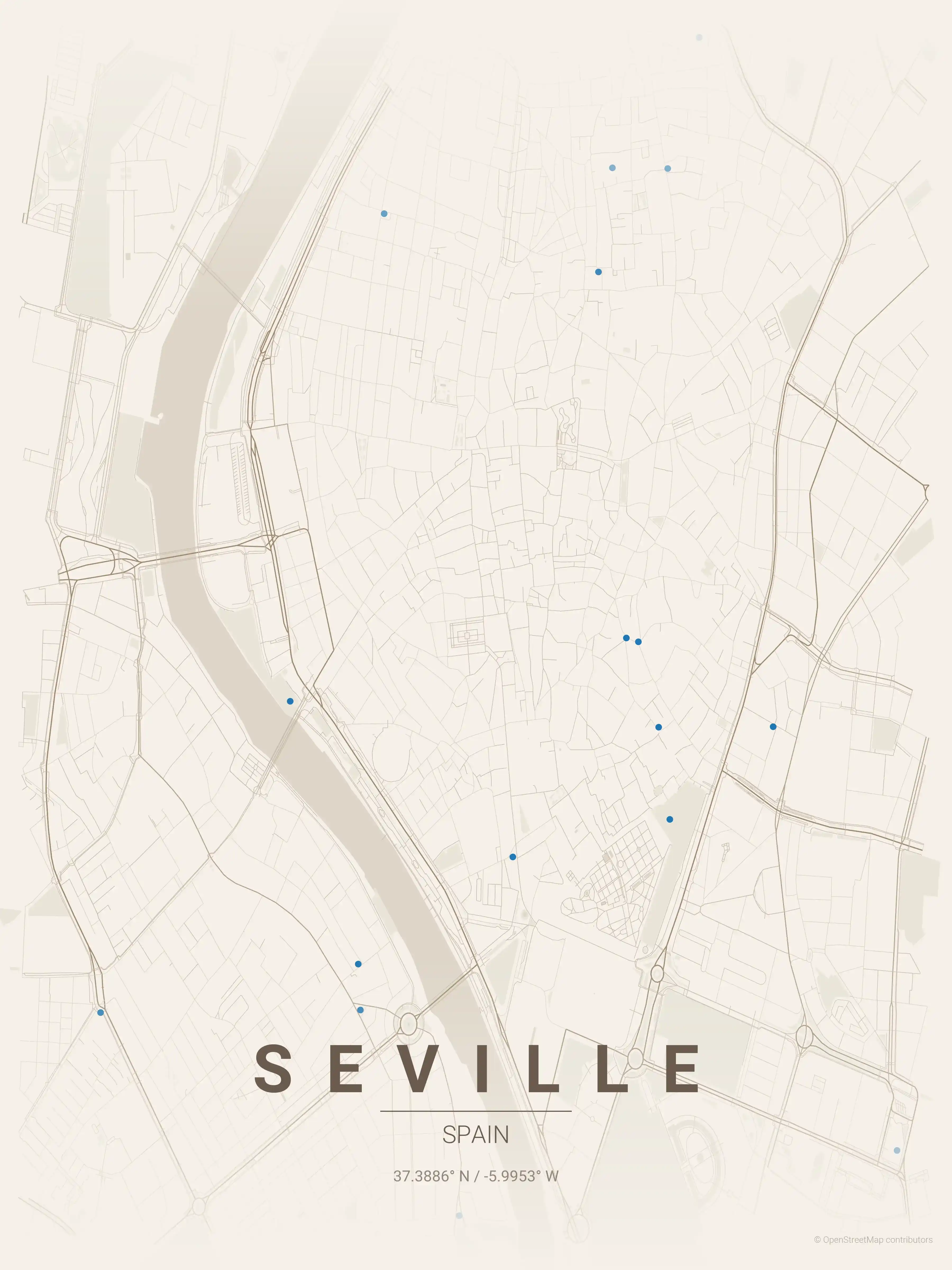 Minimalist warm_beige street map of Seville, Spain - Urban grid art