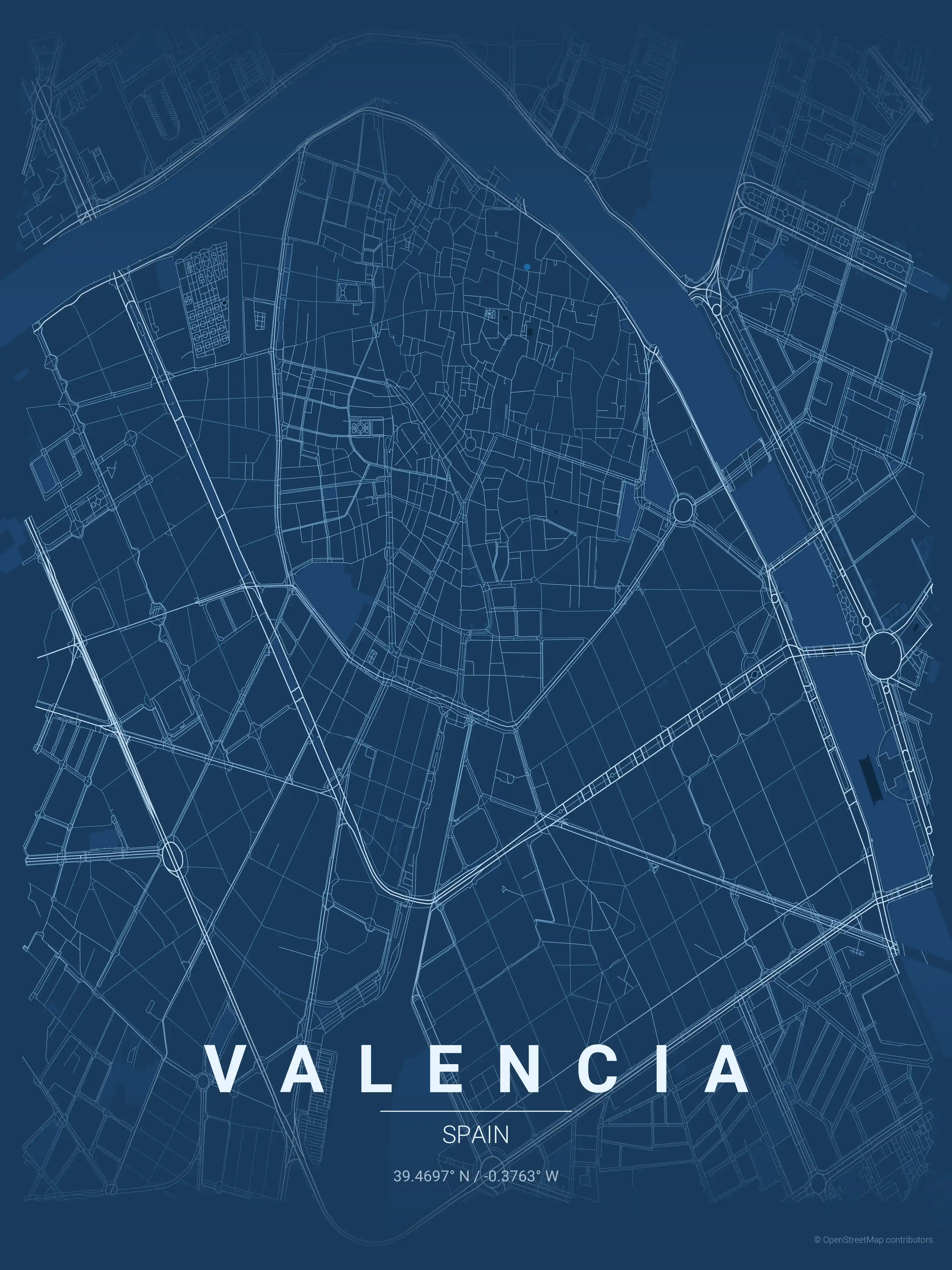 Minimalist blueprint street map of Valencia, Spain - Urban grid art