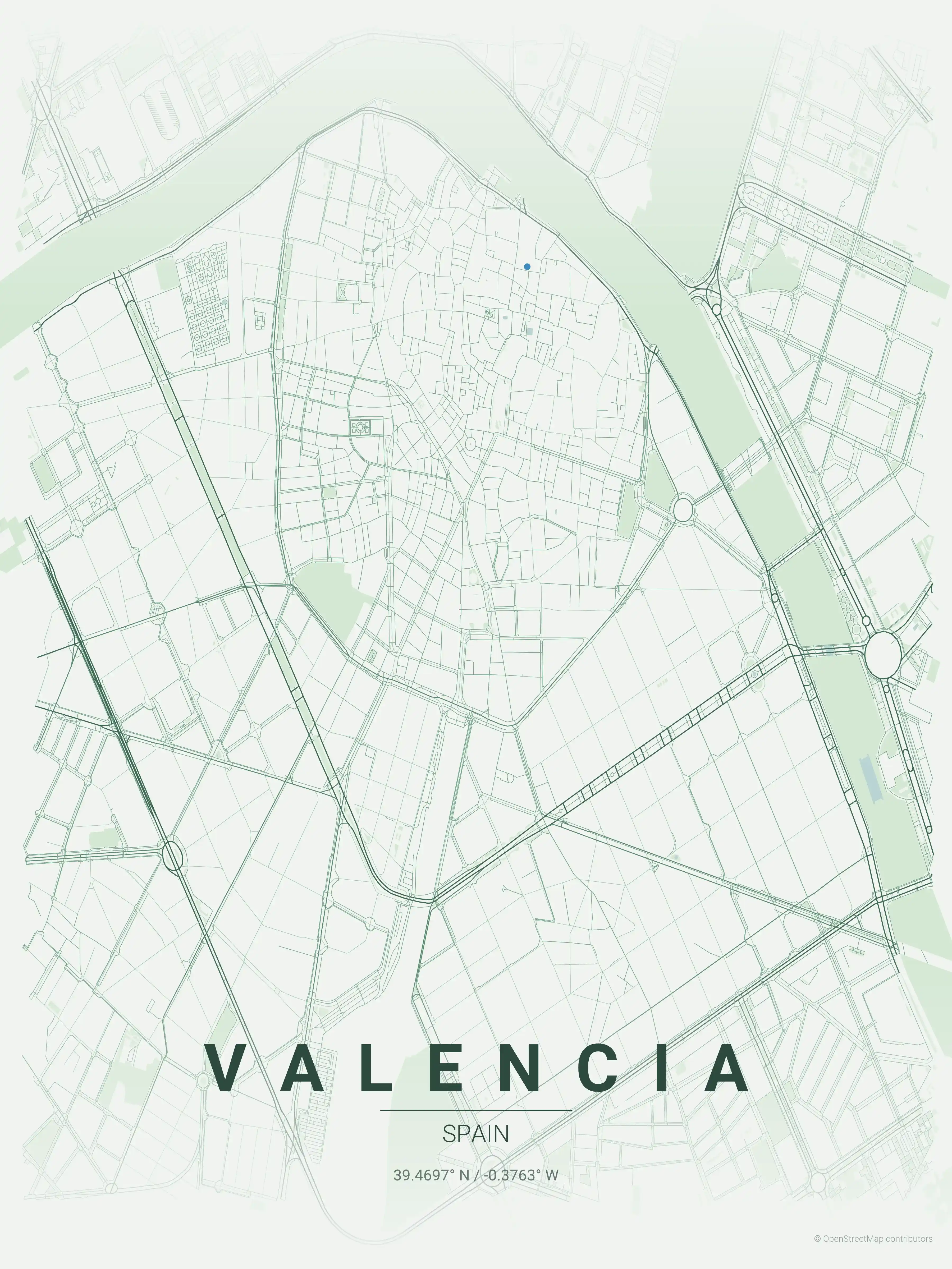 Minimalist forest street map of Valencia, Spain - Urban grid art