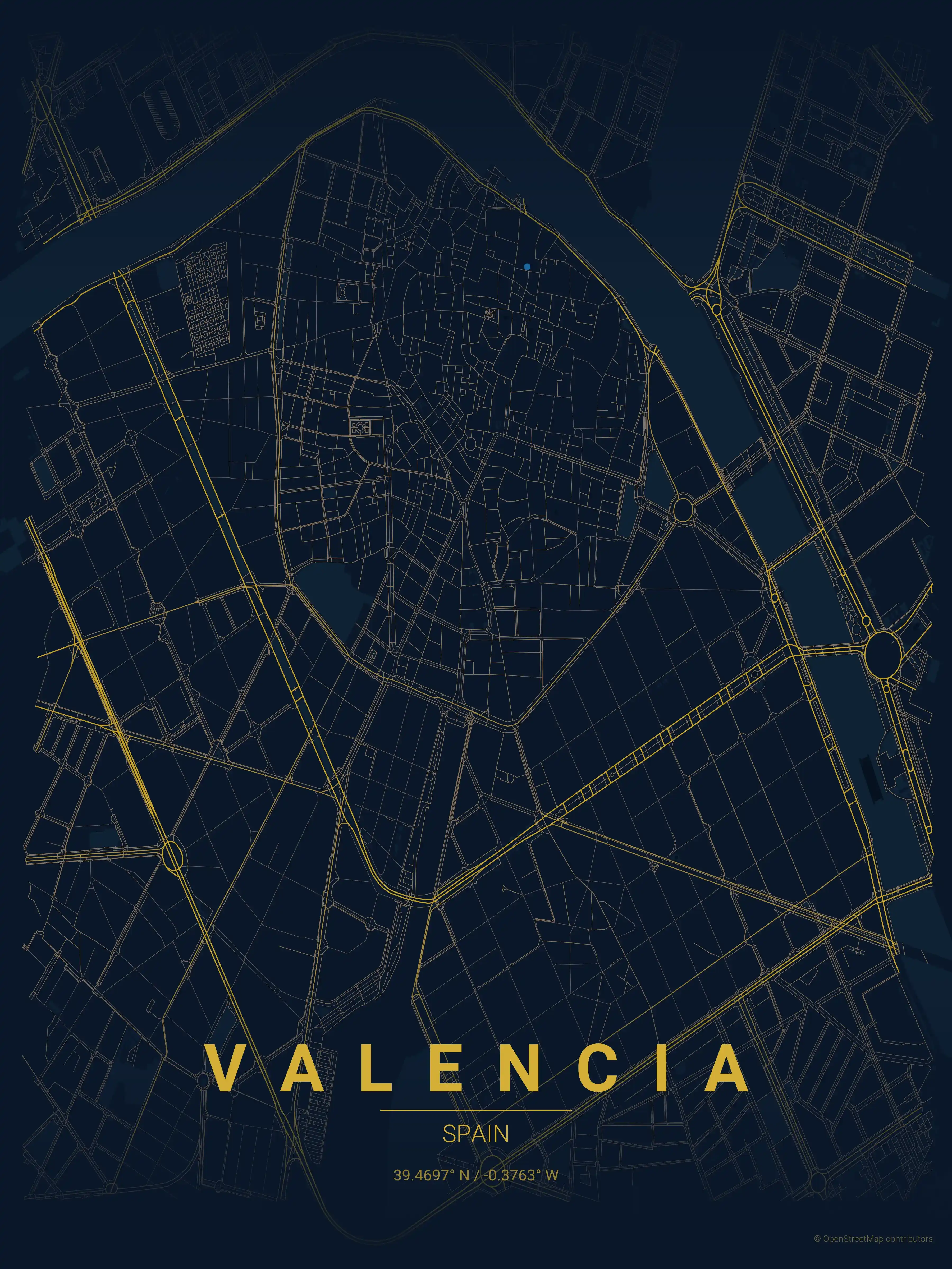 Minimalist midnight_blue street map of Valencia, Spain - Urban grid art