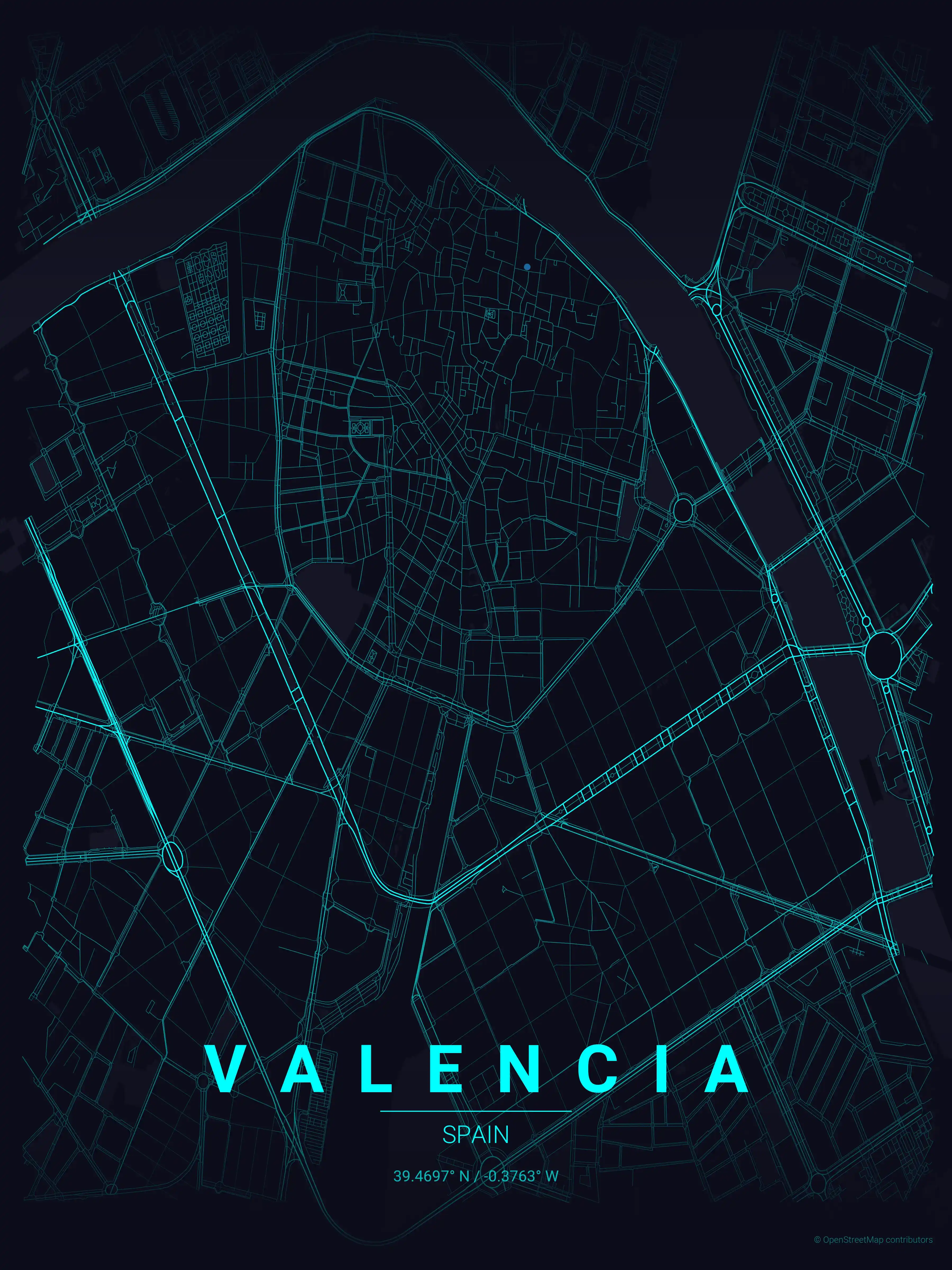 Minimalist neon_cyberpunk street map of Valencia, Spain - Urban grid art