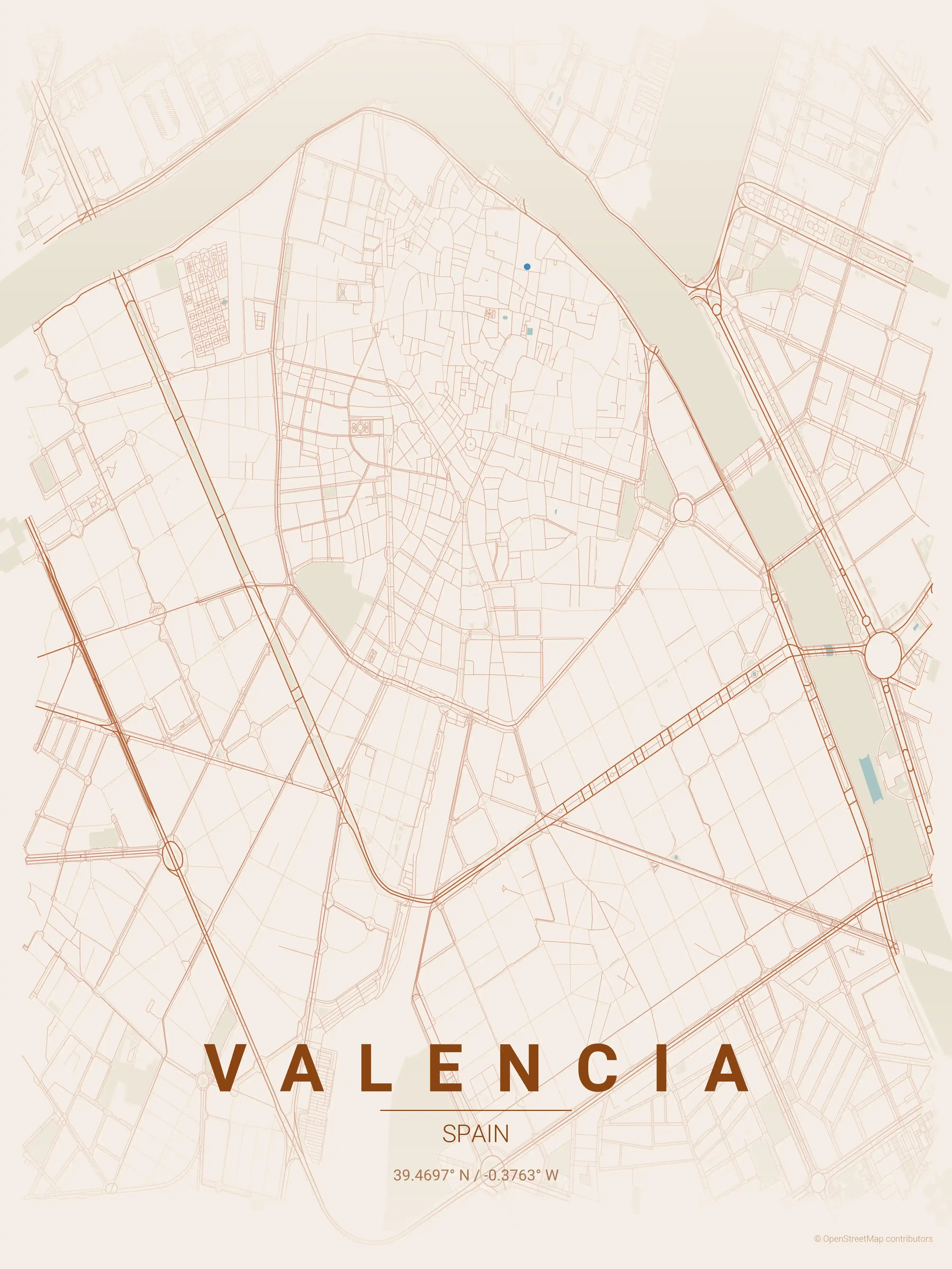 Minimalist terracotta street map of Valencia, Spain - Urban grid art