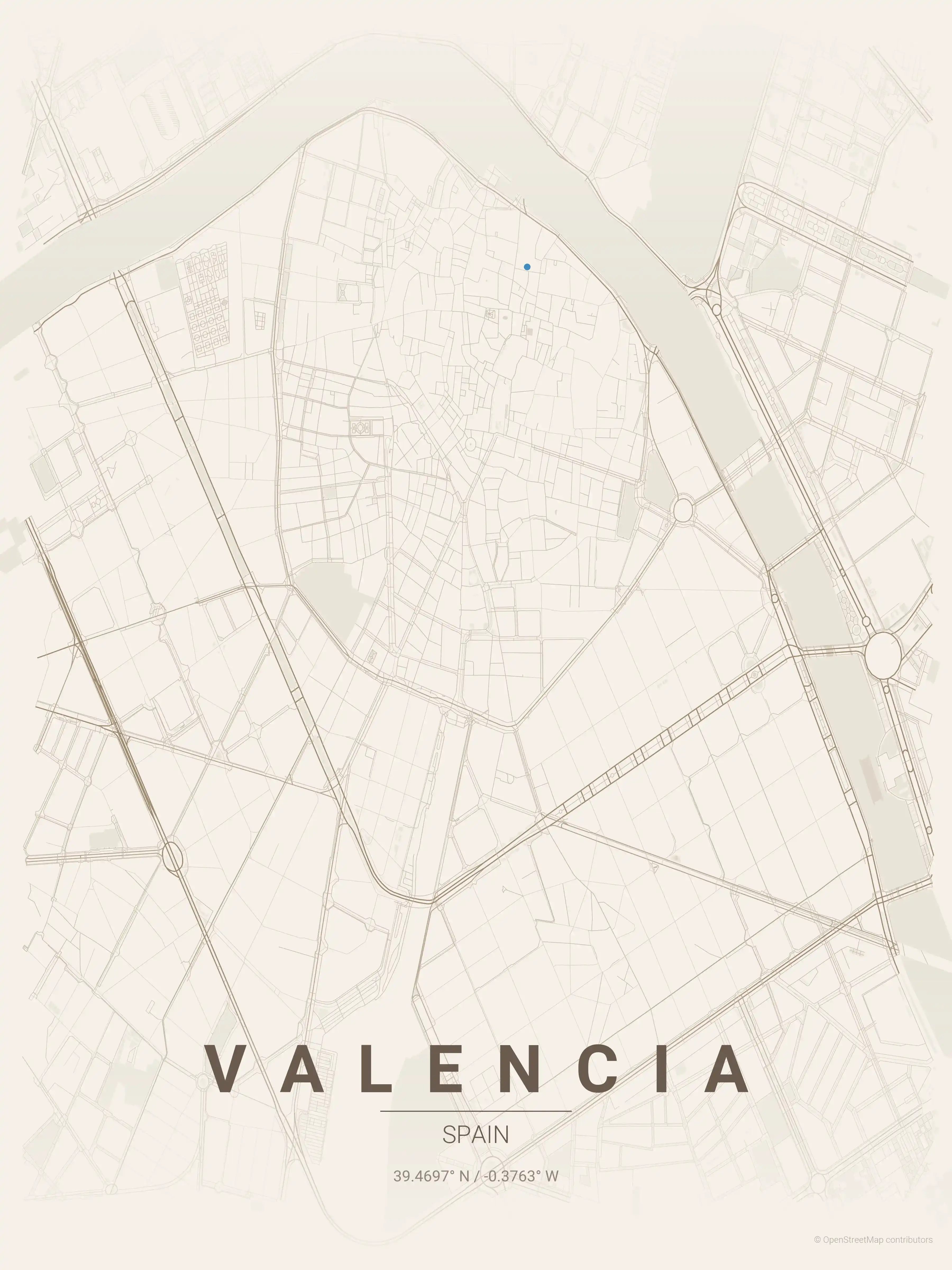 Minimalist warm_beige street map of Valencia, Spain - Urban grid art
