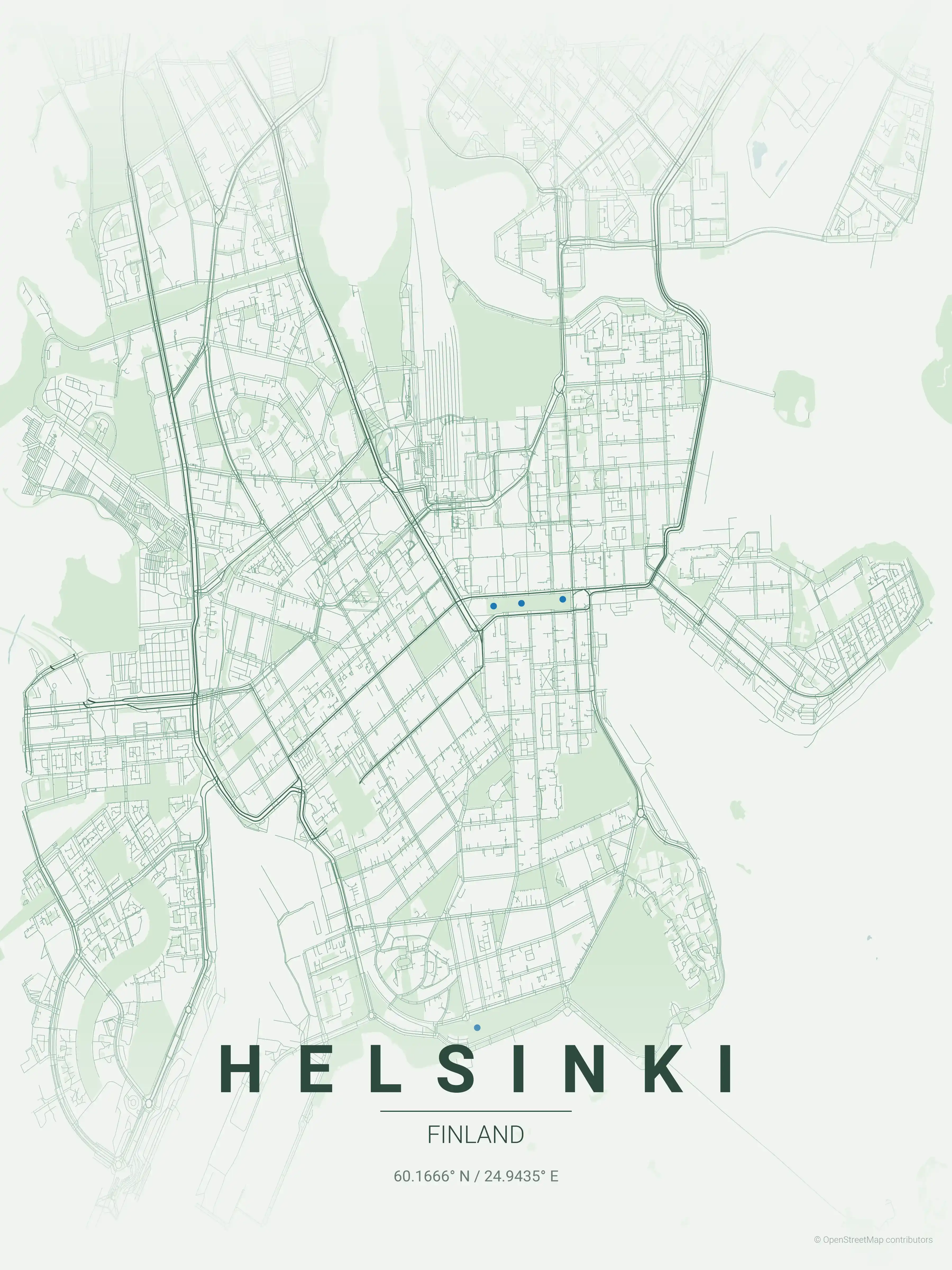 Minimalist forest street map of Helsinki, Finland - Urban grid art