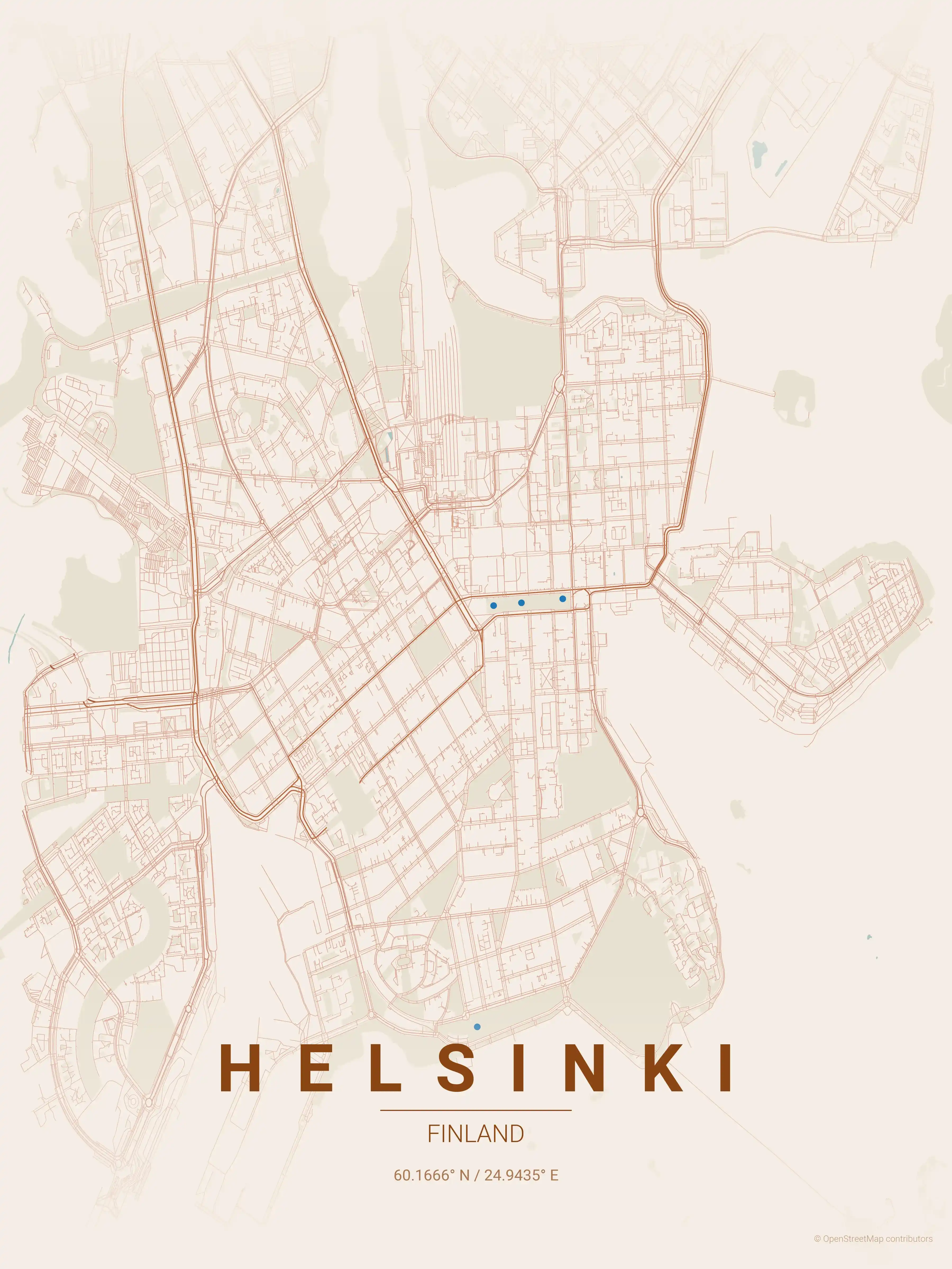 Minimalist terracotta street map of Helsinki, Finland - Urban grid art