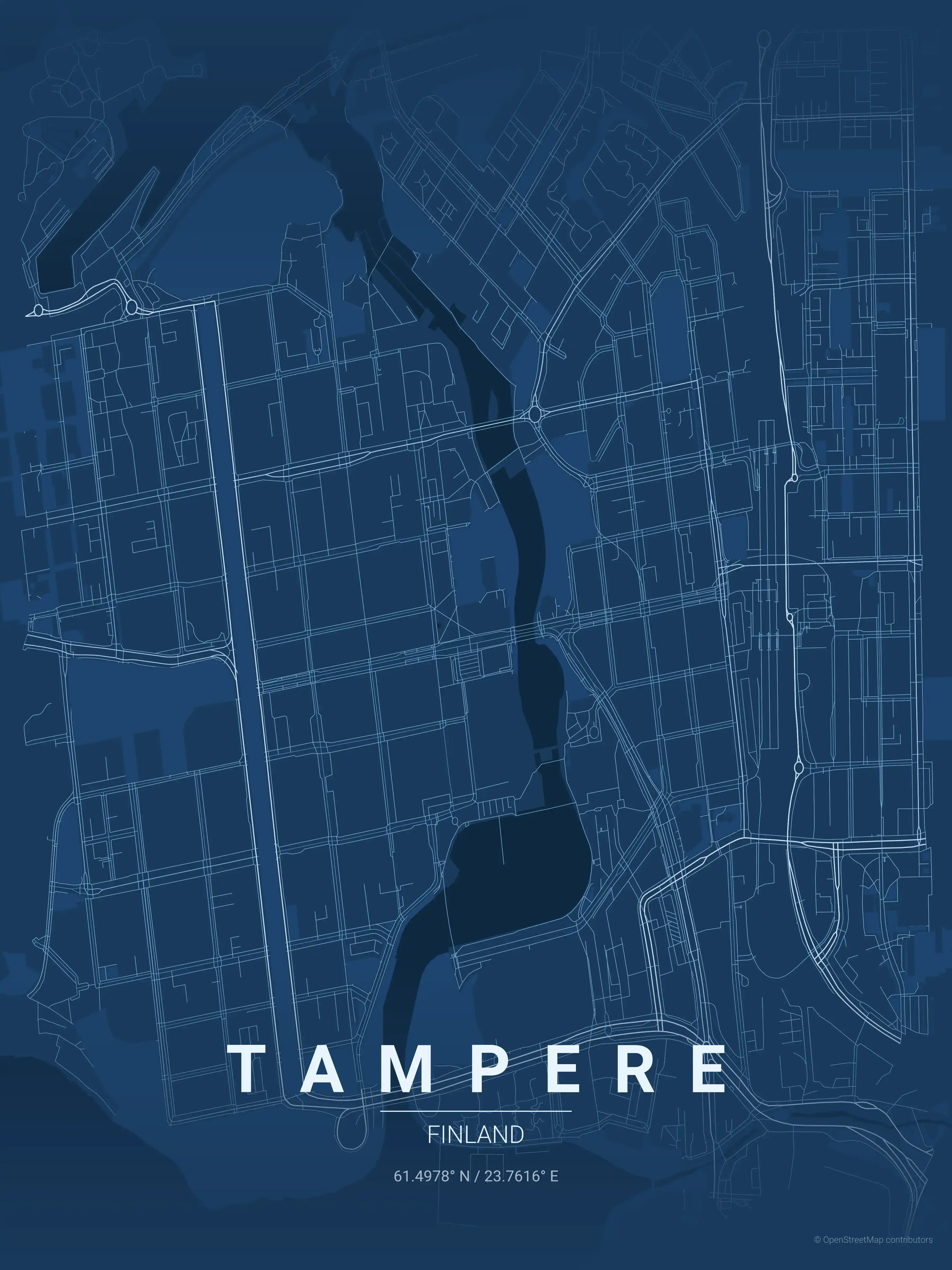 Minimalist blueprint street map of Tampere, Finland - Urban grid art