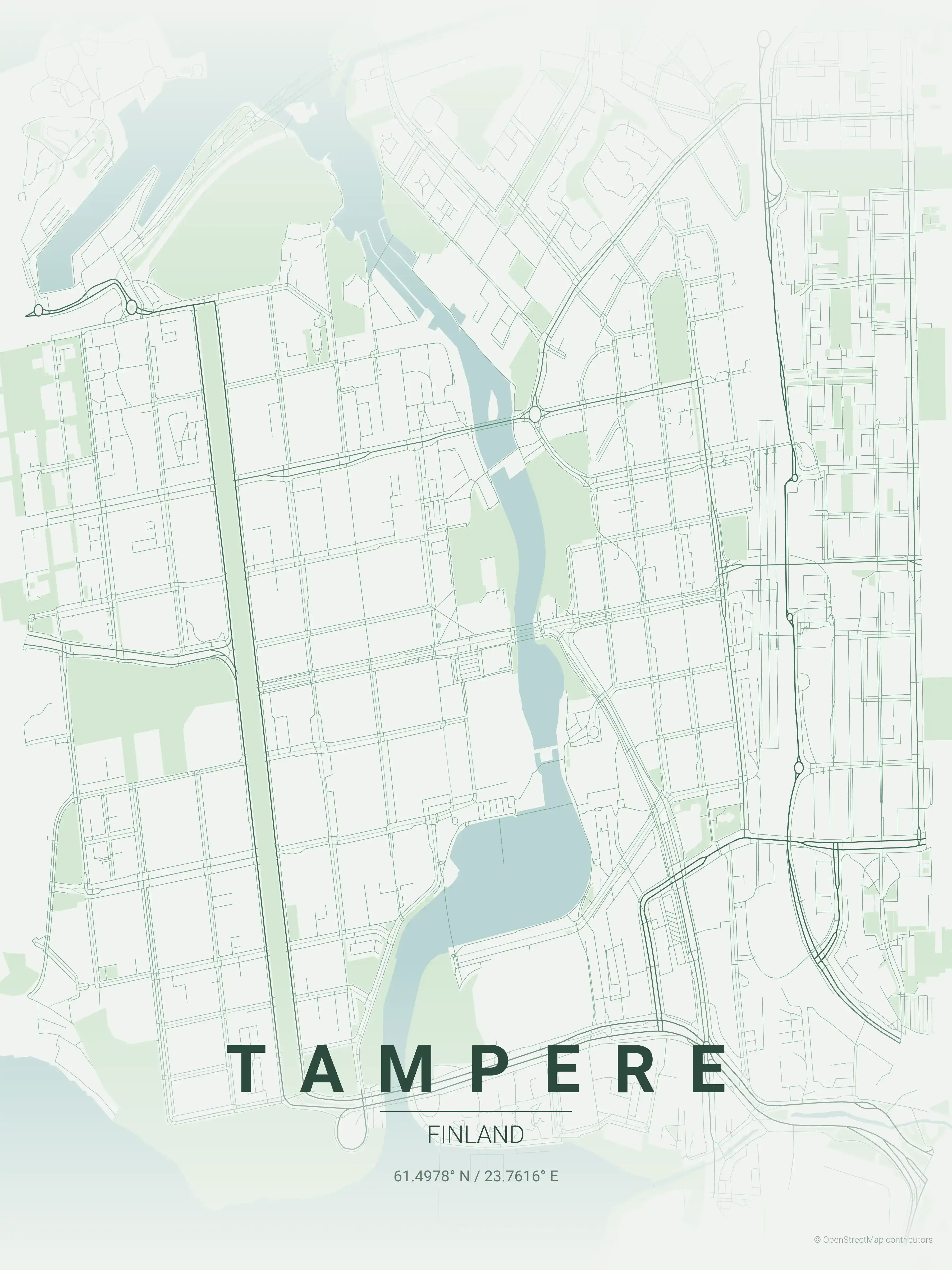 Minimalist forest street map of Tampere, Finland - Urban grid art