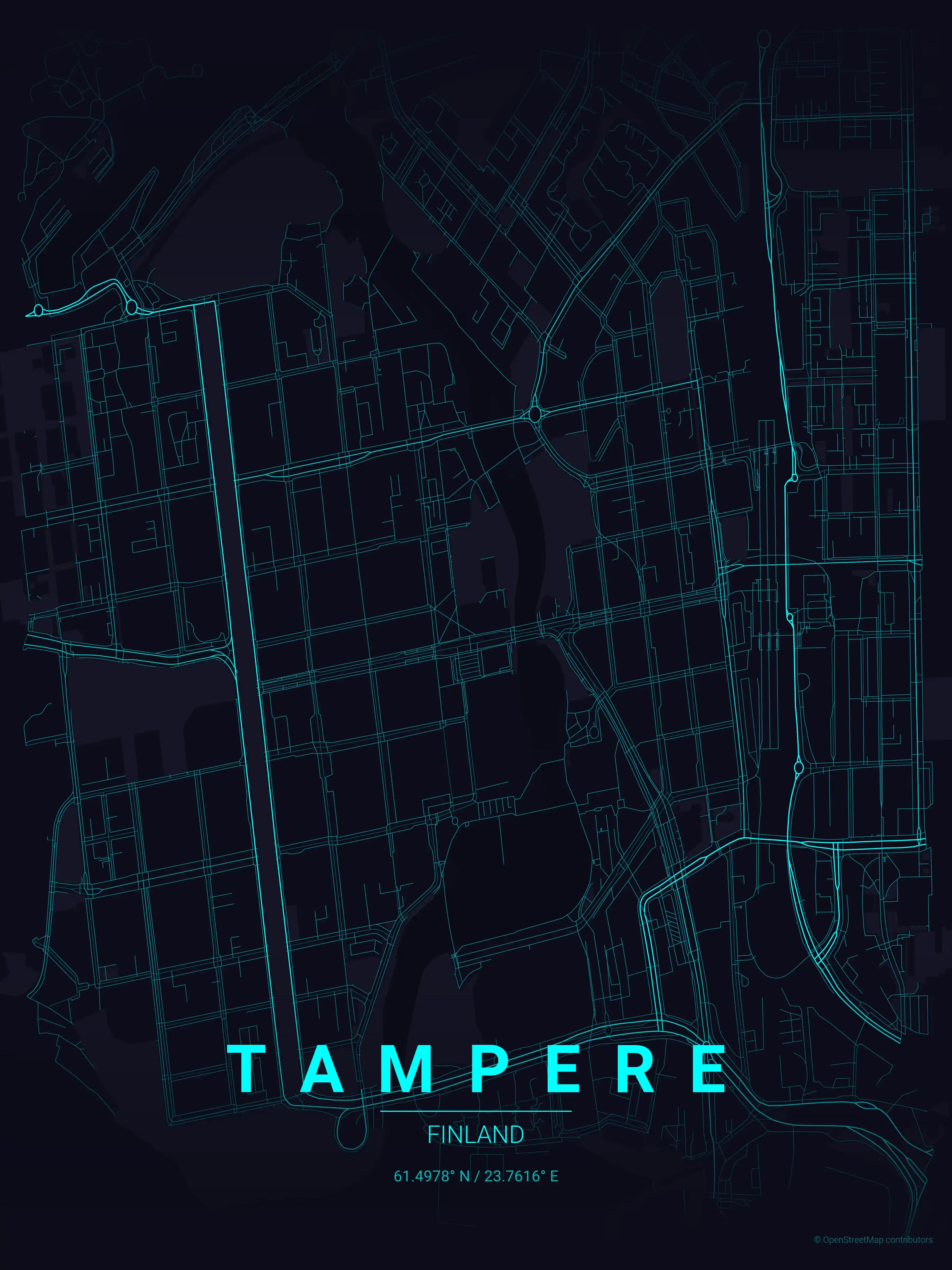 Minimalist neon_cyberpunk street map of Tampere, Finland - Urban grid art