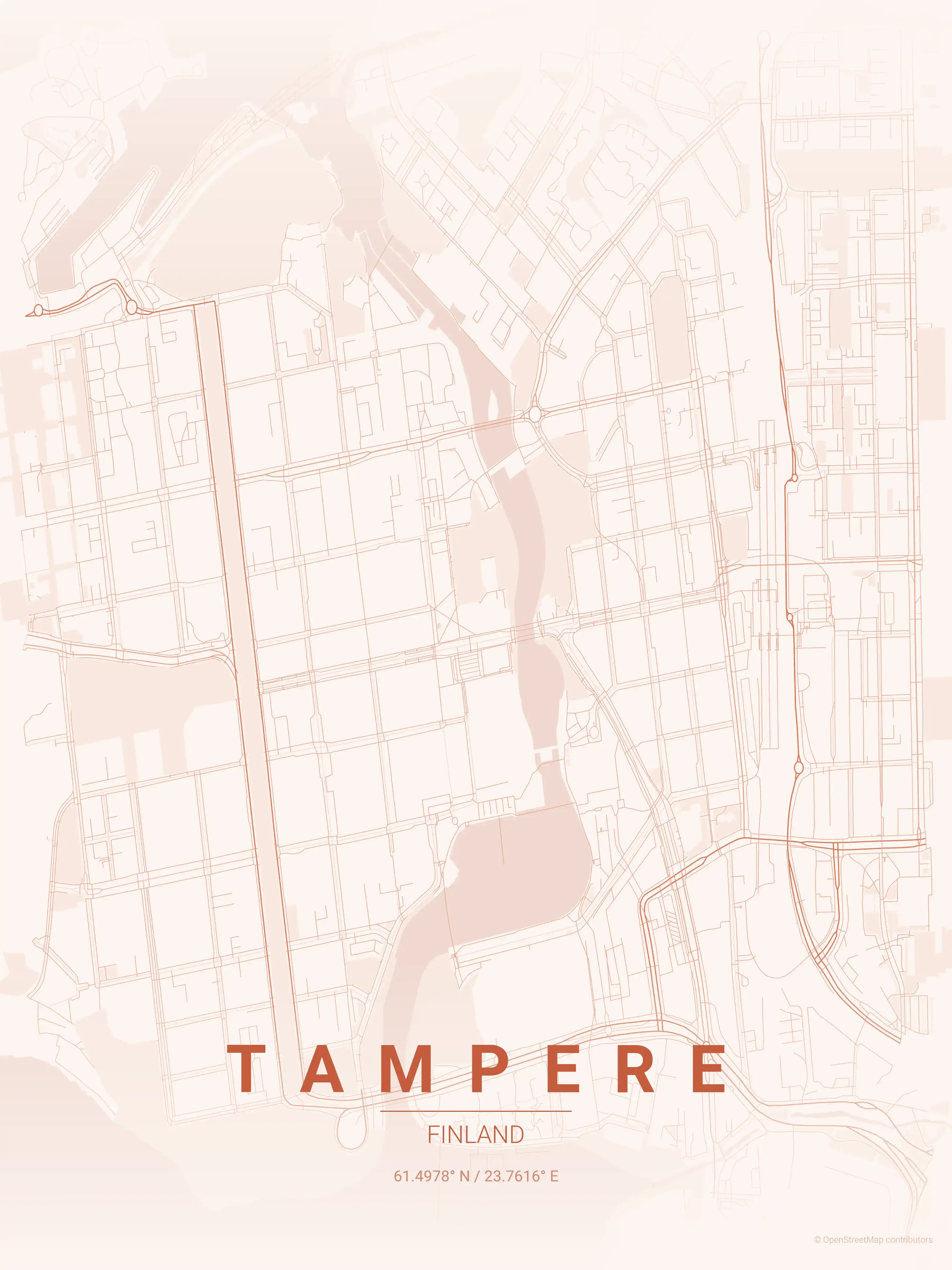 Minimalist sunset street map of Tampere, Finland - Urban grid art