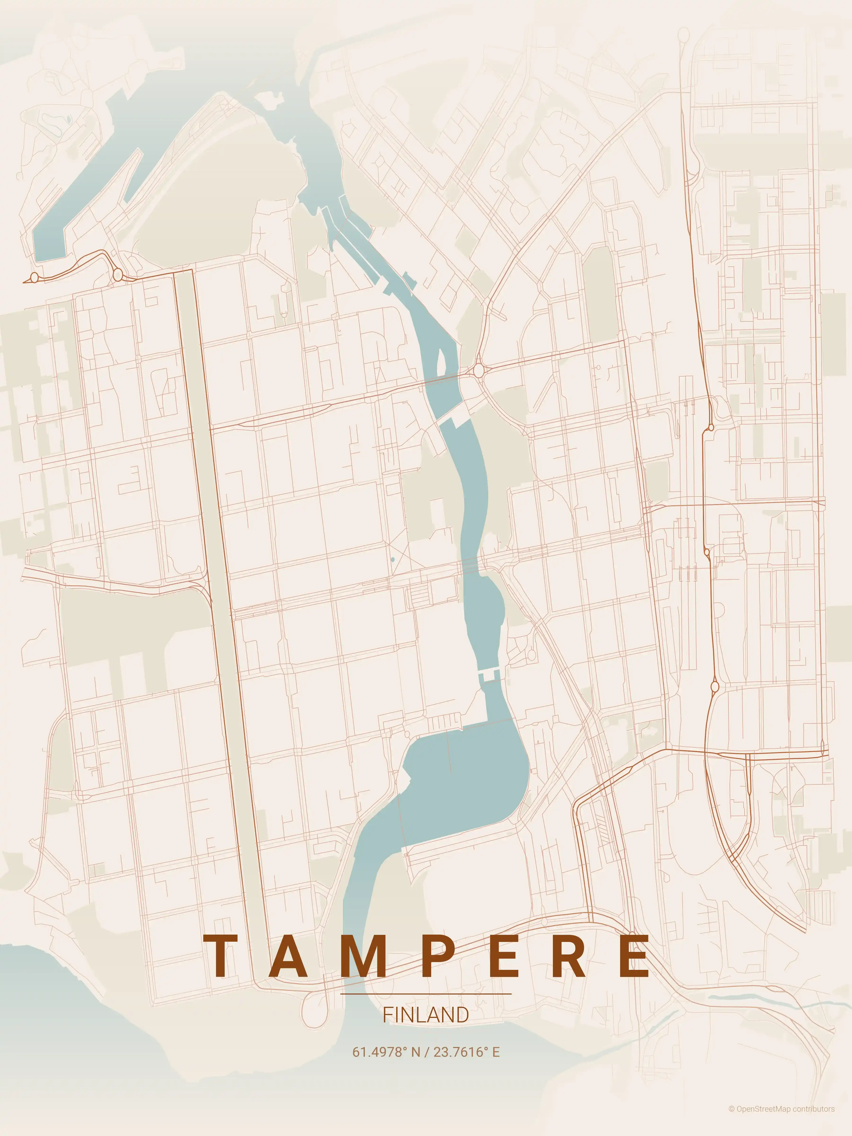 Minimalist terracotta street map of Tampere, Finland - Urban grid art