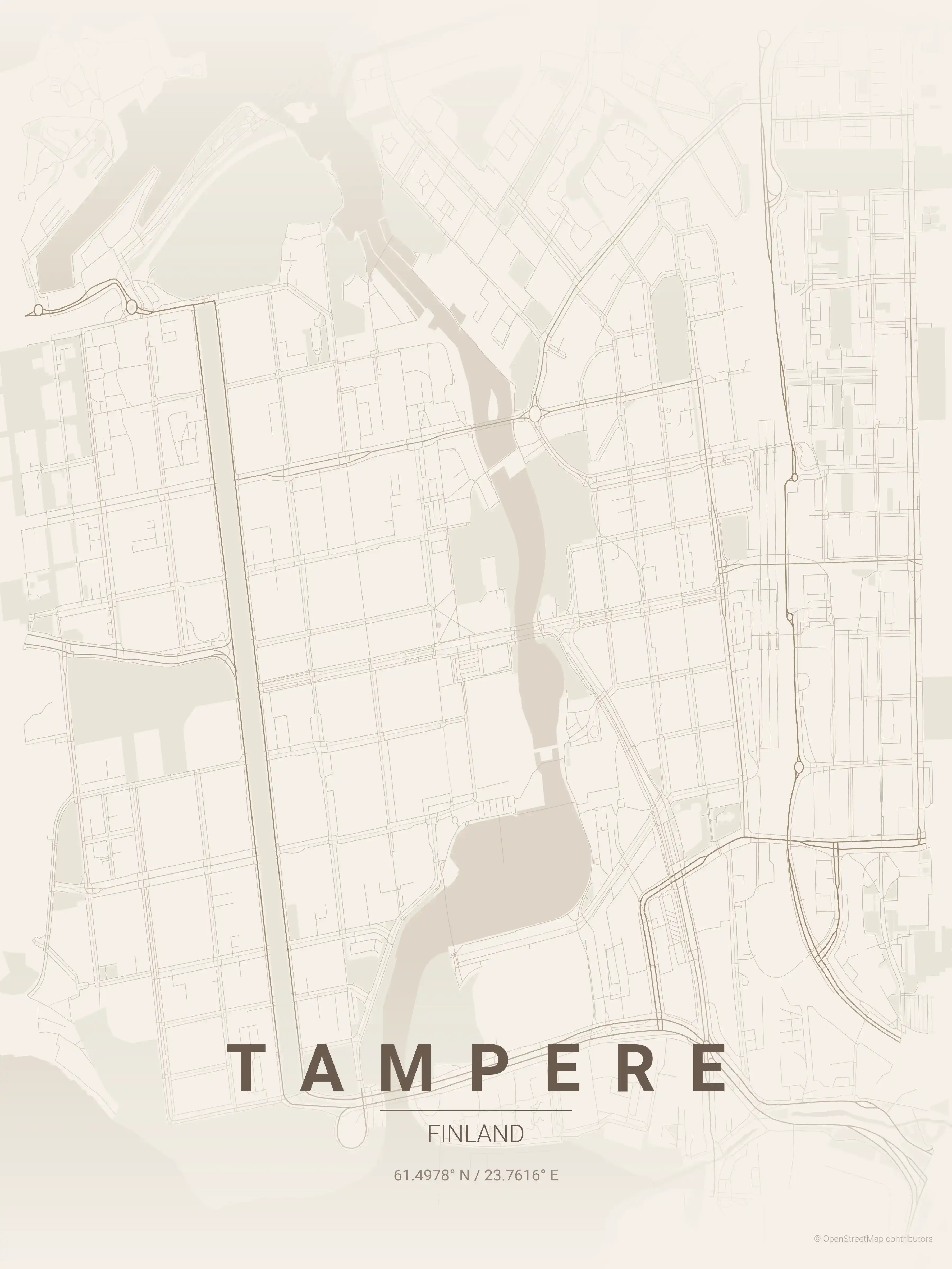 Minimalist warm_beige street map of Tampere, Finland - Urban grid art
