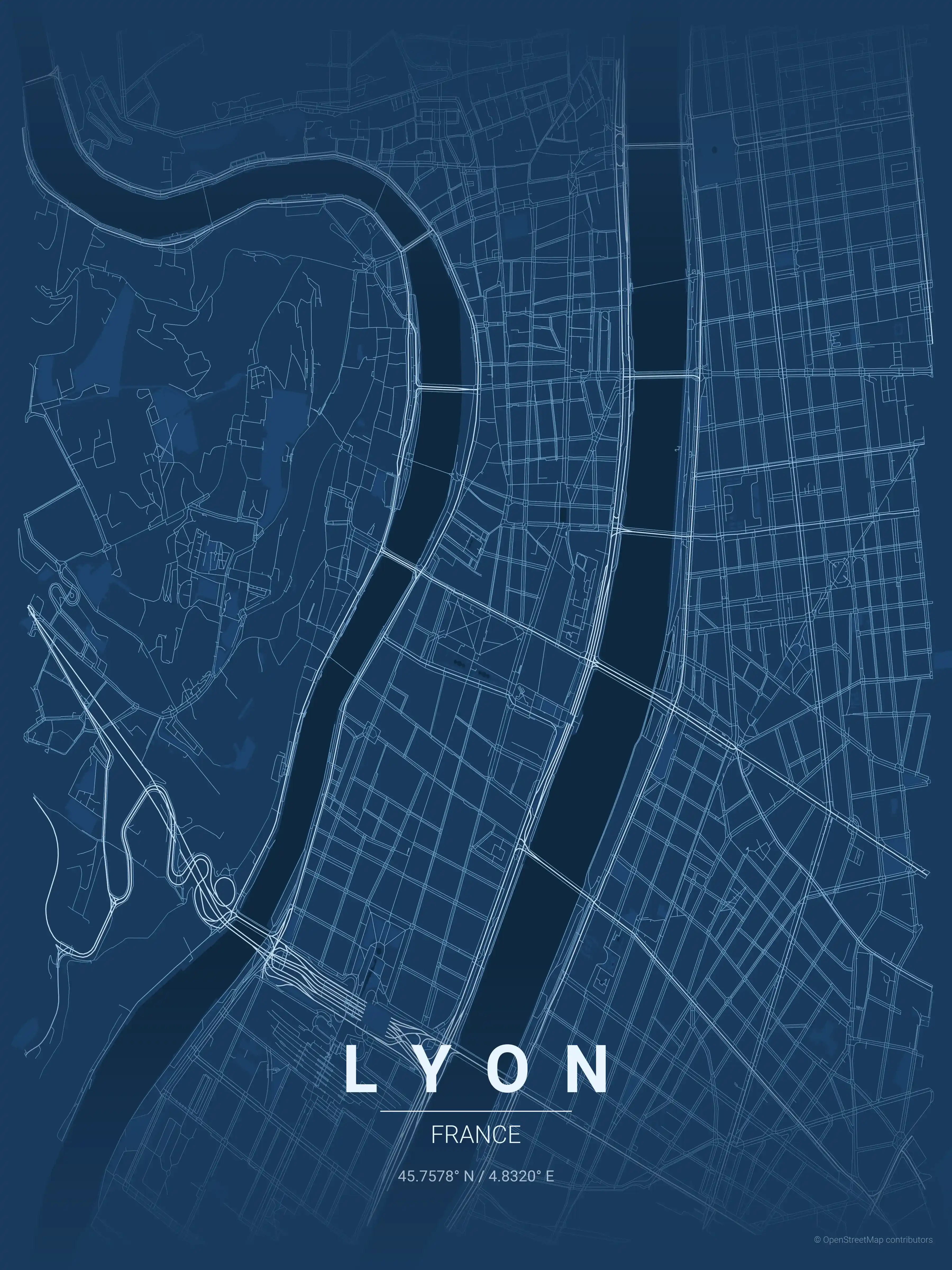 Minimalist blueprint street map of Lyon, France - Urban grid art