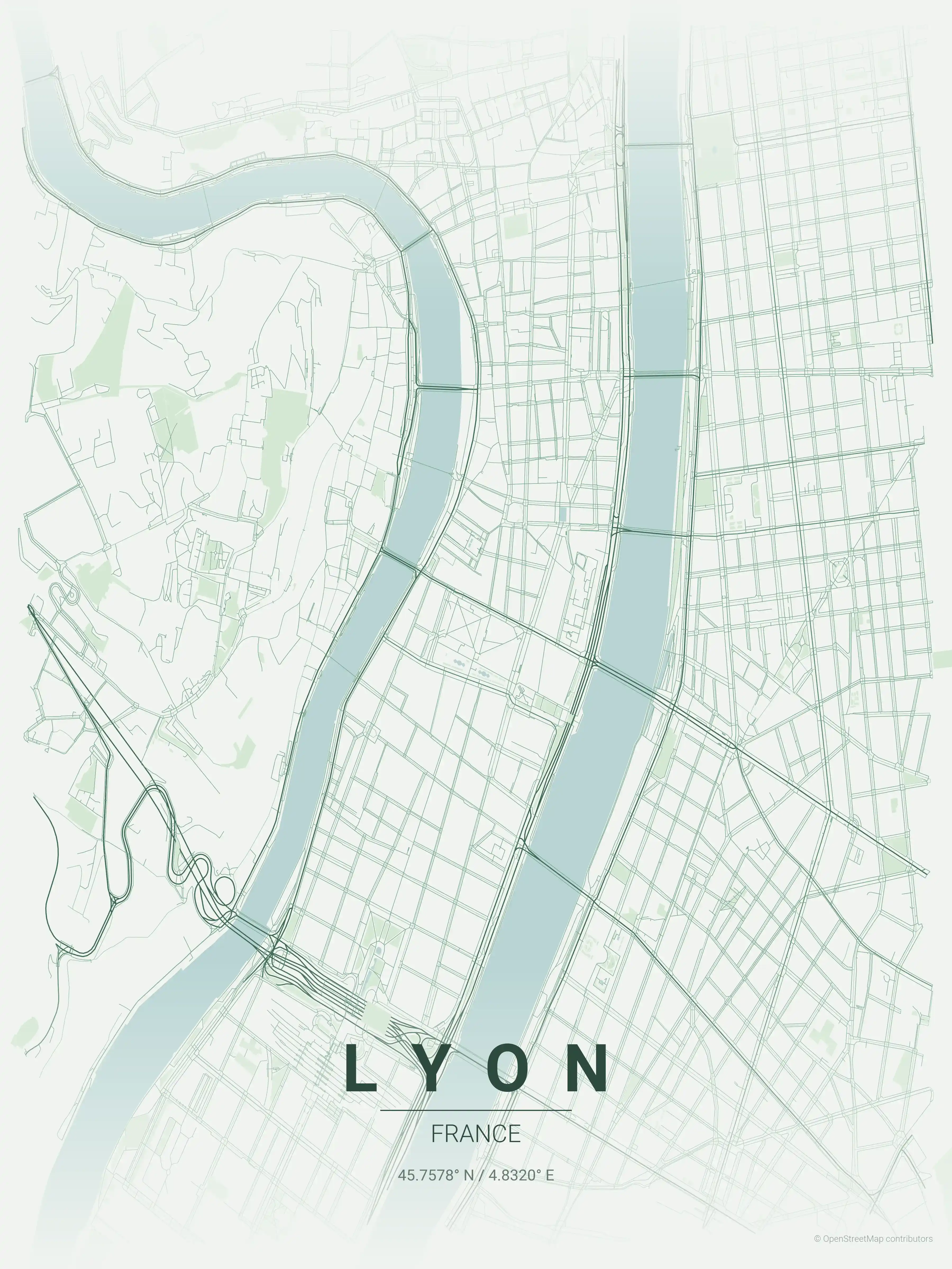 Minimalist forest street map of Lyon, France - Urban grid art