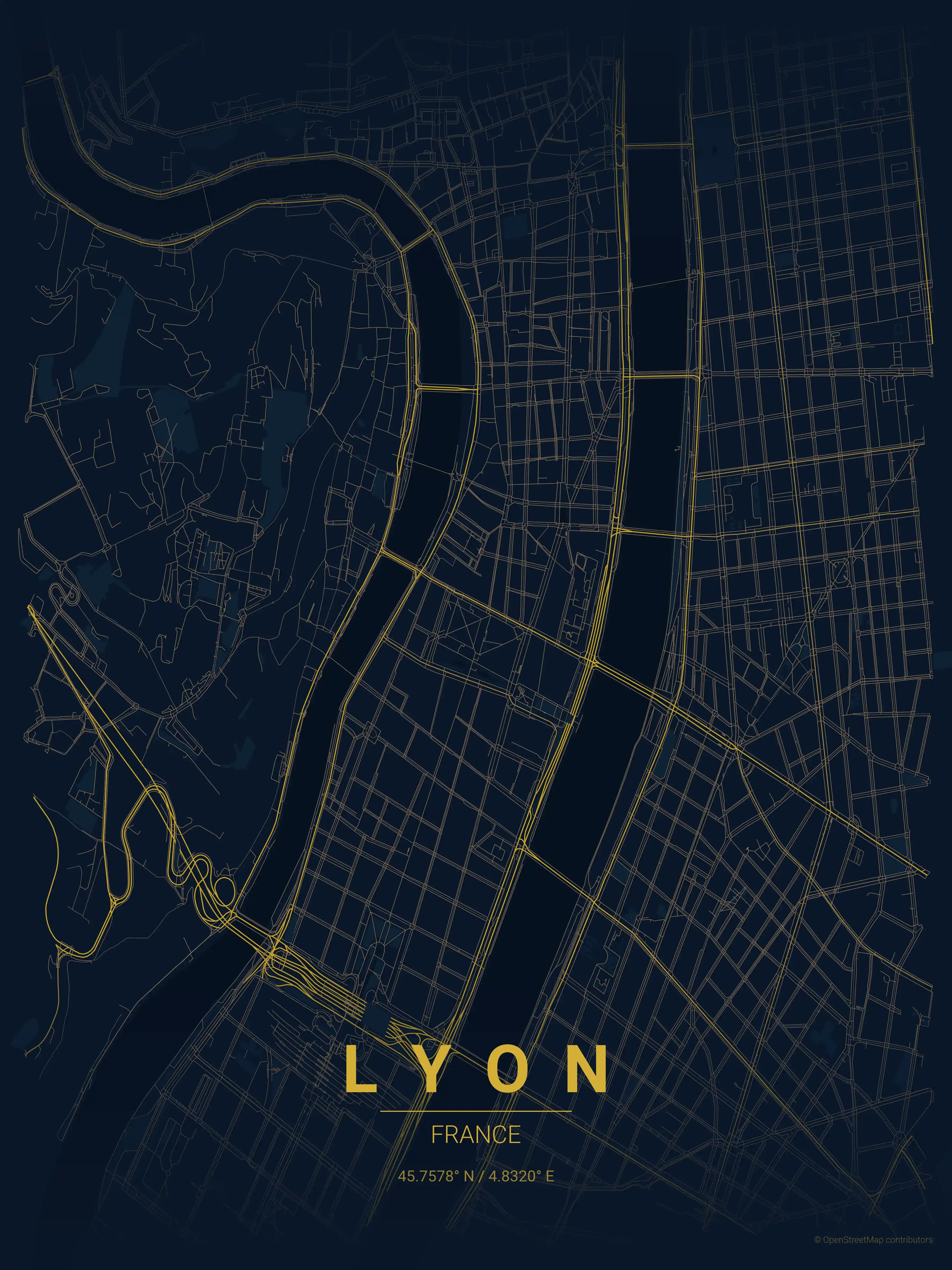 Minimalist midnight_blue street map of Lyon, France - Urban grid art