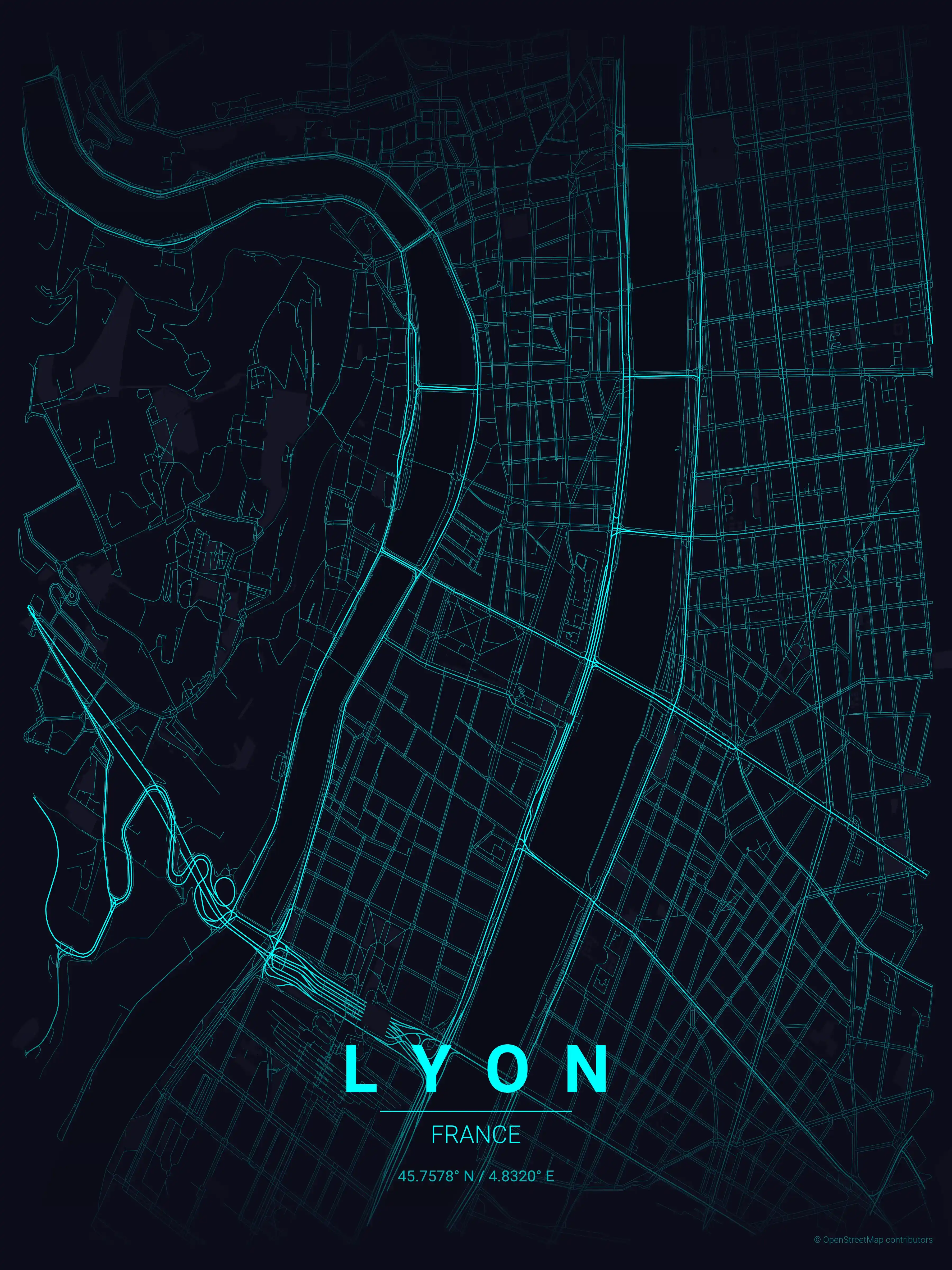 Minimalist neon_cyberpunk street map of Lyon, France - Urban grid art