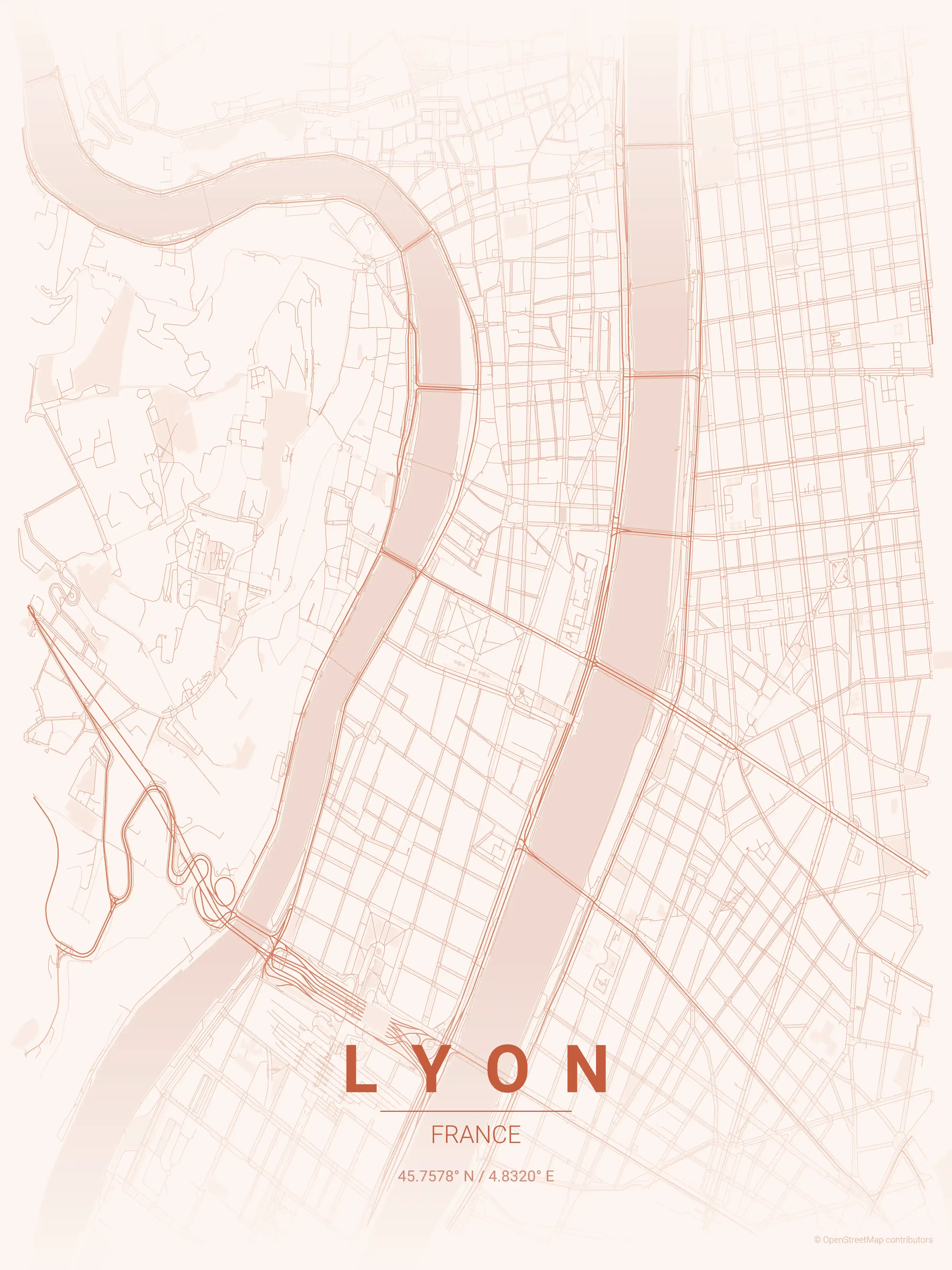 Minimalist sunset street map of Lyon, France - Urban grid art