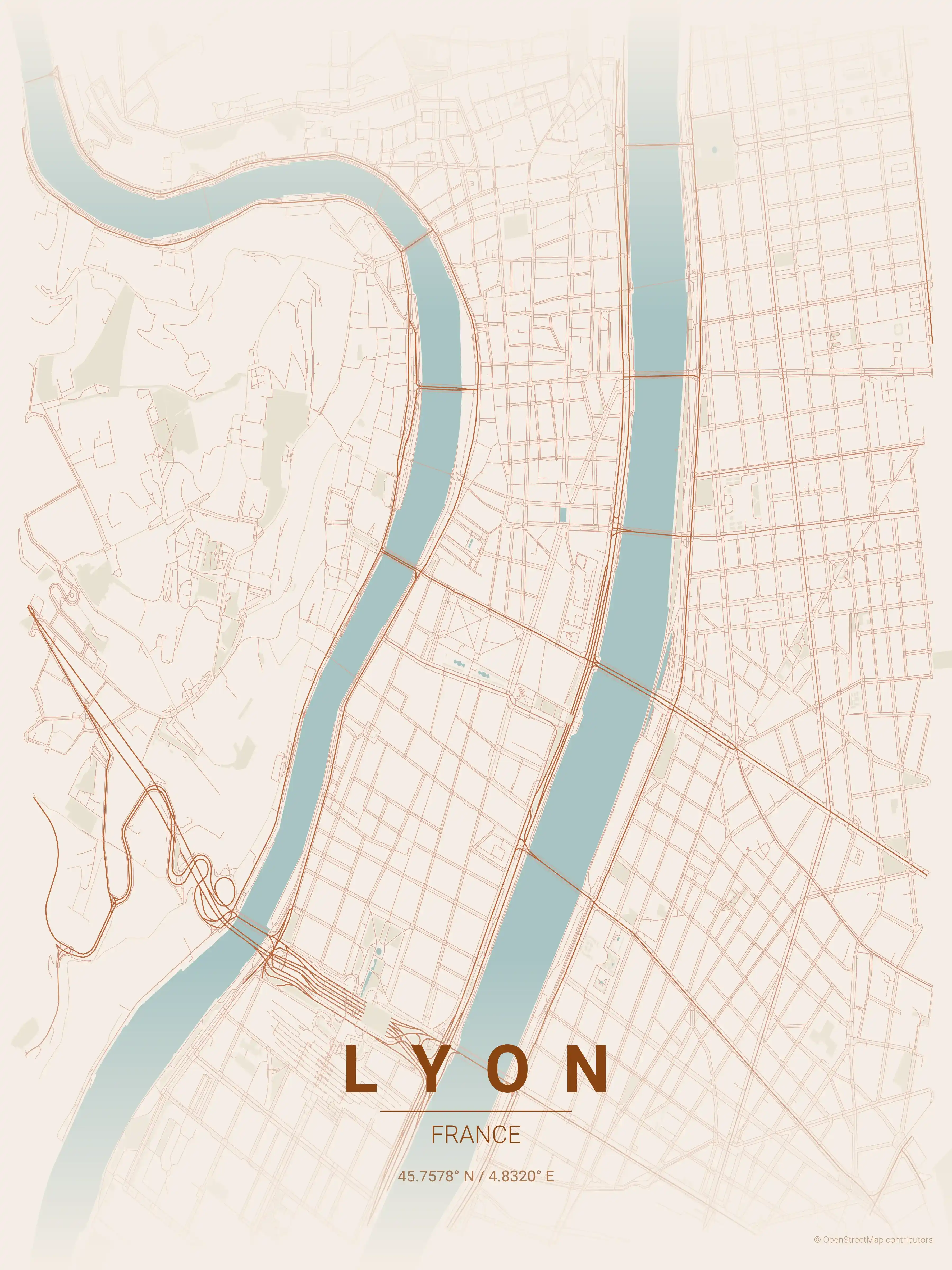 Minimalist terracotta street map of Lyon, France - Urban grid art