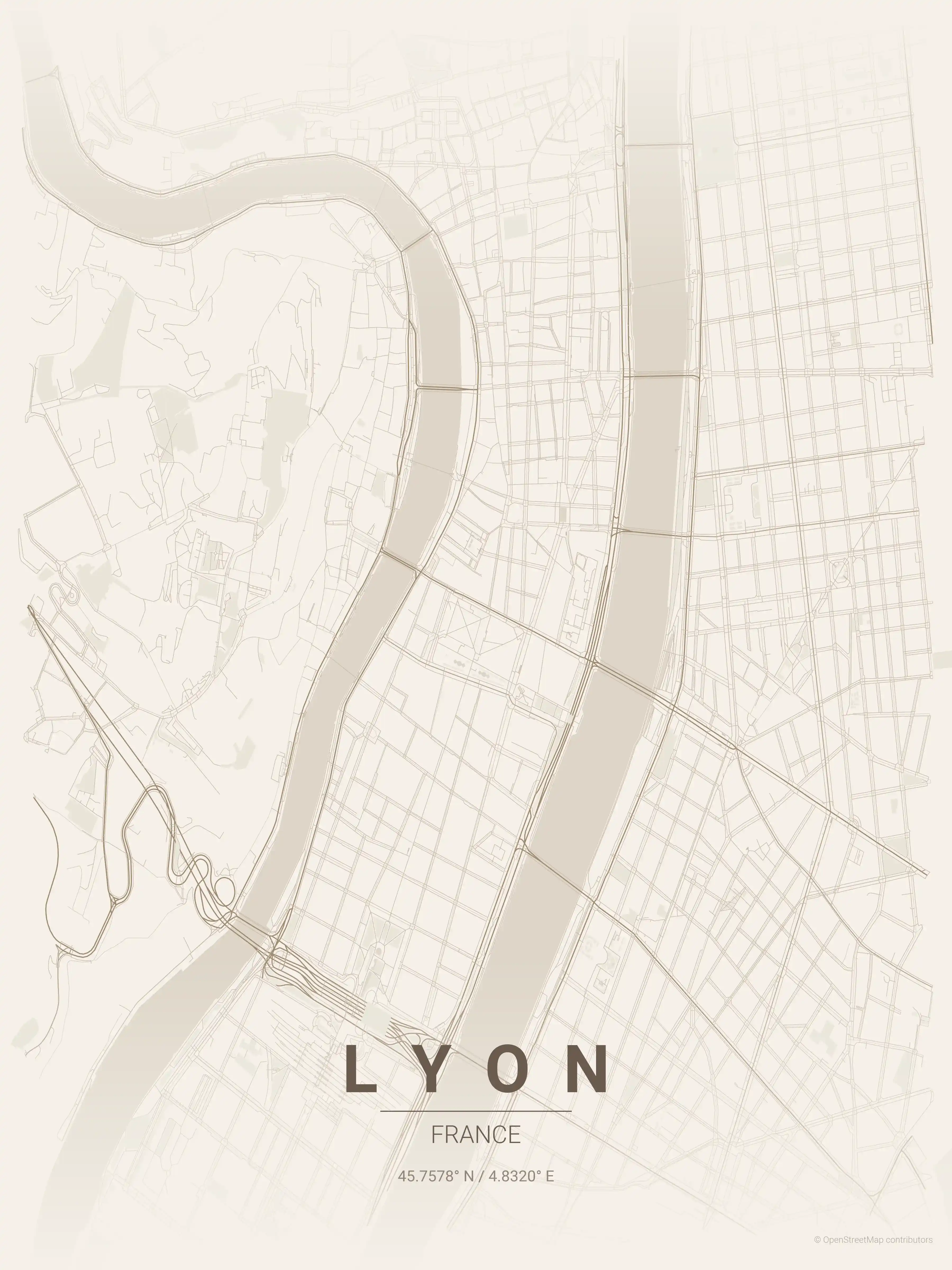Minimalist warm_beige street map of Lyon, France - Urban grid art