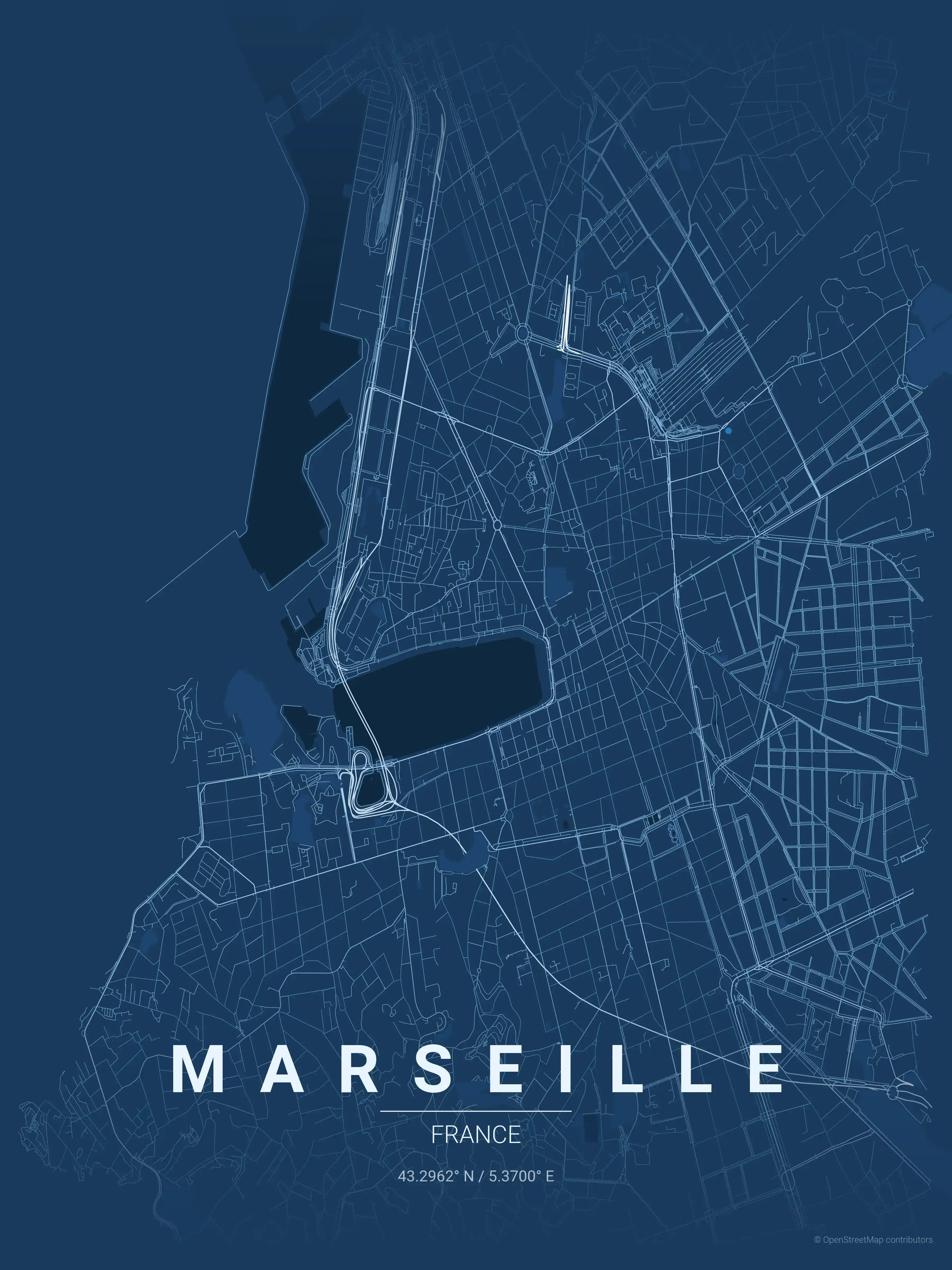 Minimalist blueprint street map of Marseille, France - Urban grid art