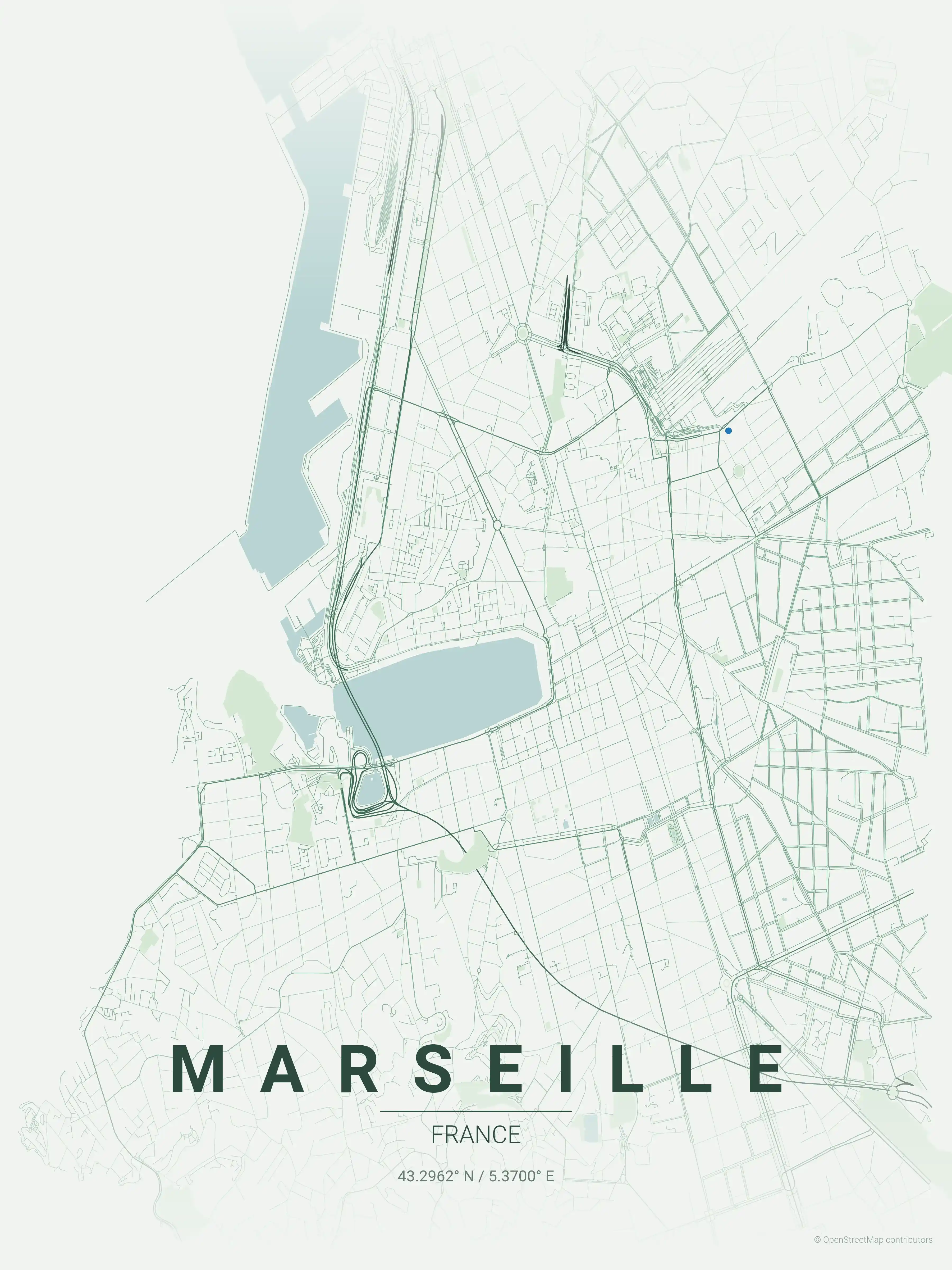 Minimalist forest street map of Marseille, France - Urban grid art