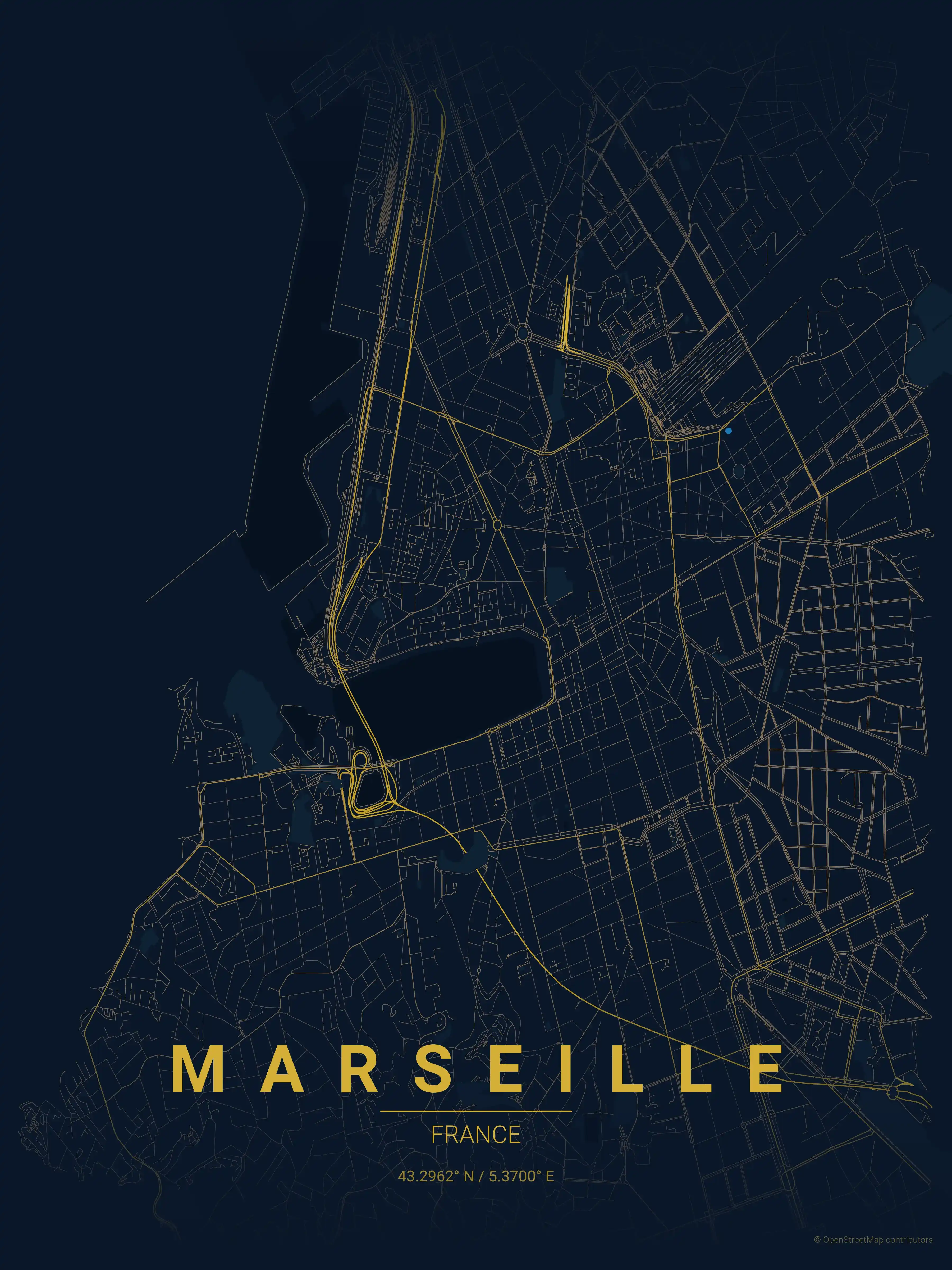 Minimalist midnight_blue street map of Marseille, France - Urban grid art