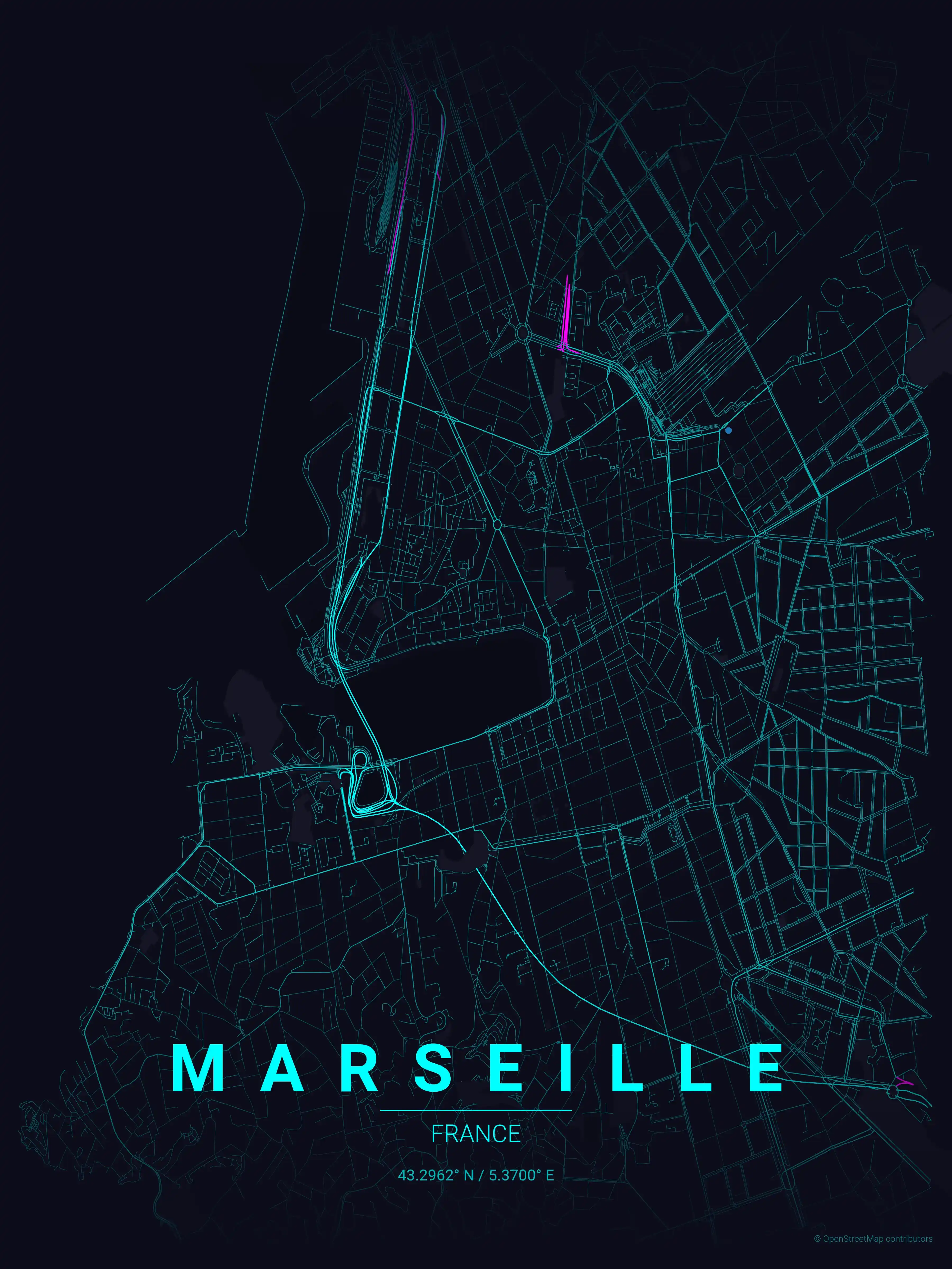 Minimalist neon_cyberpunk street map of Marseille, France - Urban grid art
