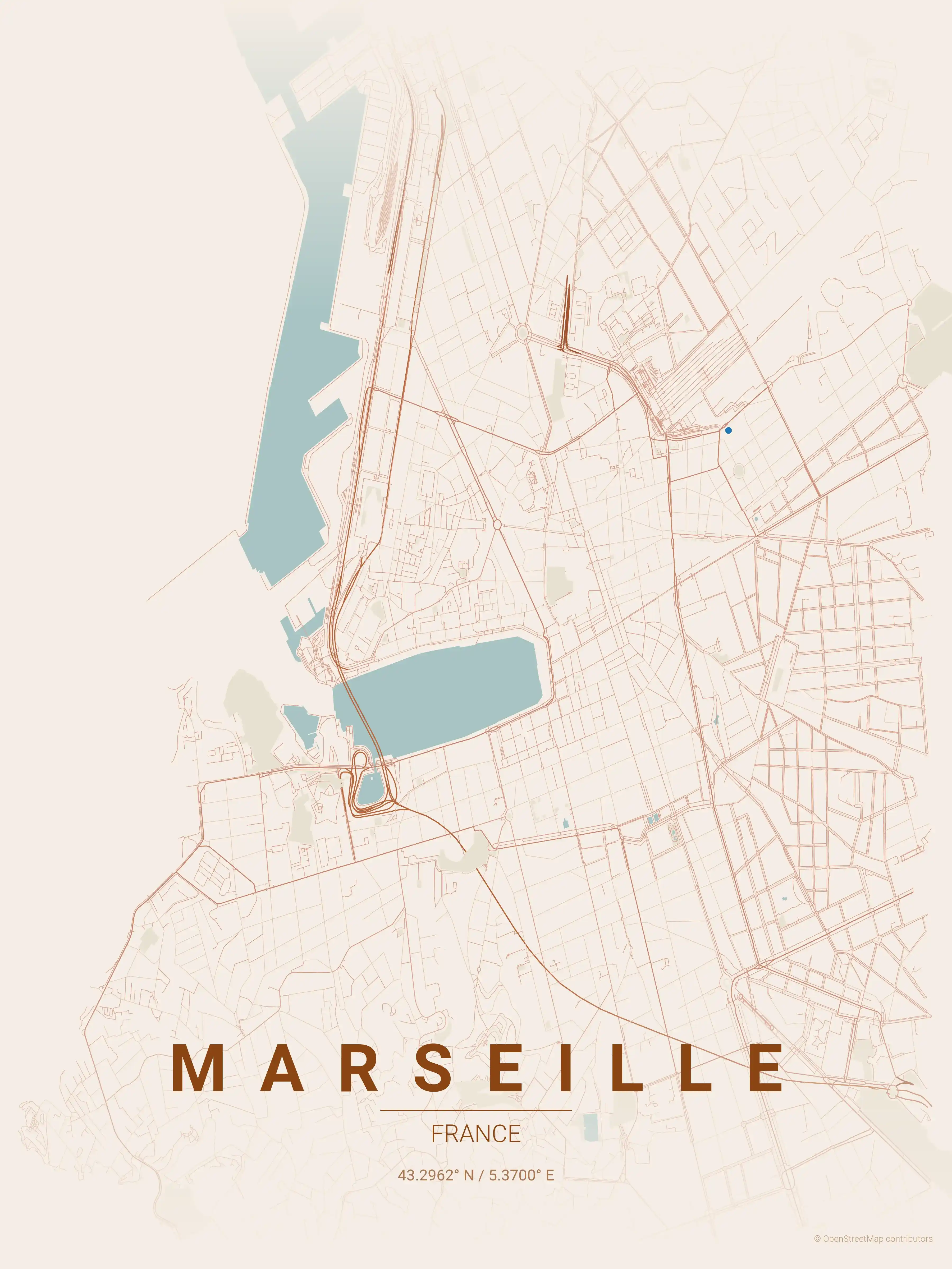 Minimalist terracotta street map of Marseille, France - Urban grid art