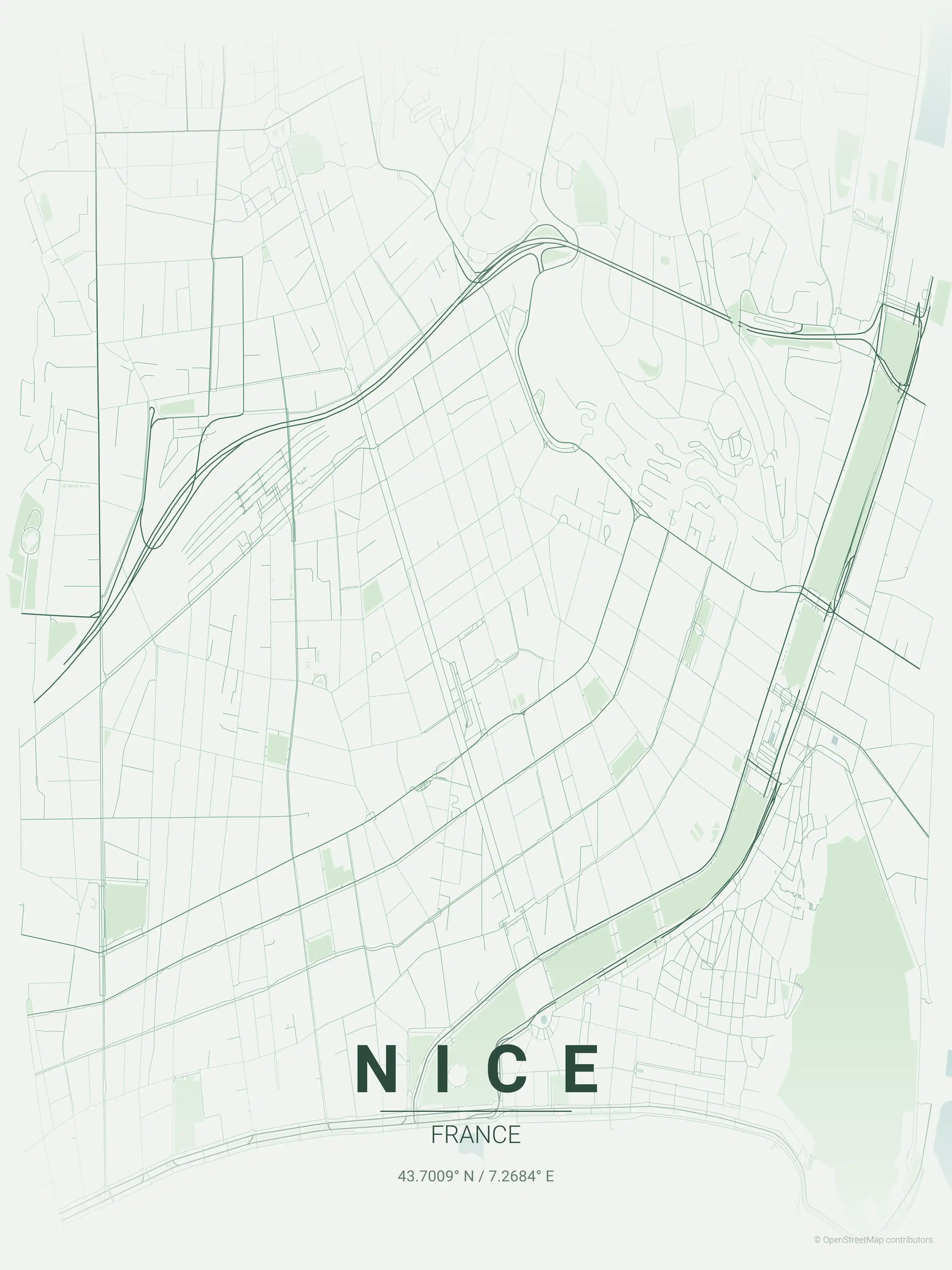 Minimalist forest street map of Nice, France - Urban grid art