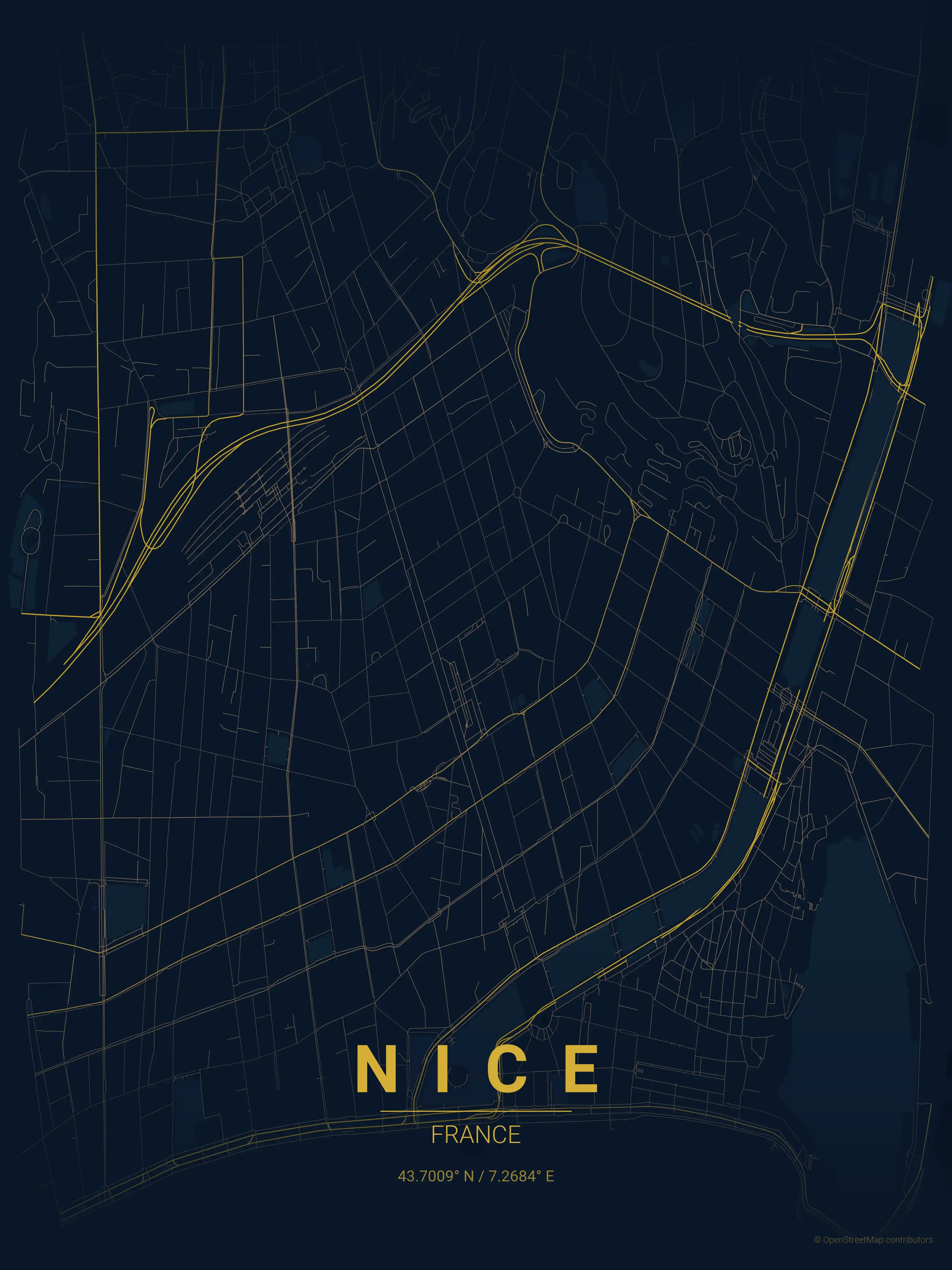 Minimalist midnight_blue street map of Nice, France - Urban grid art