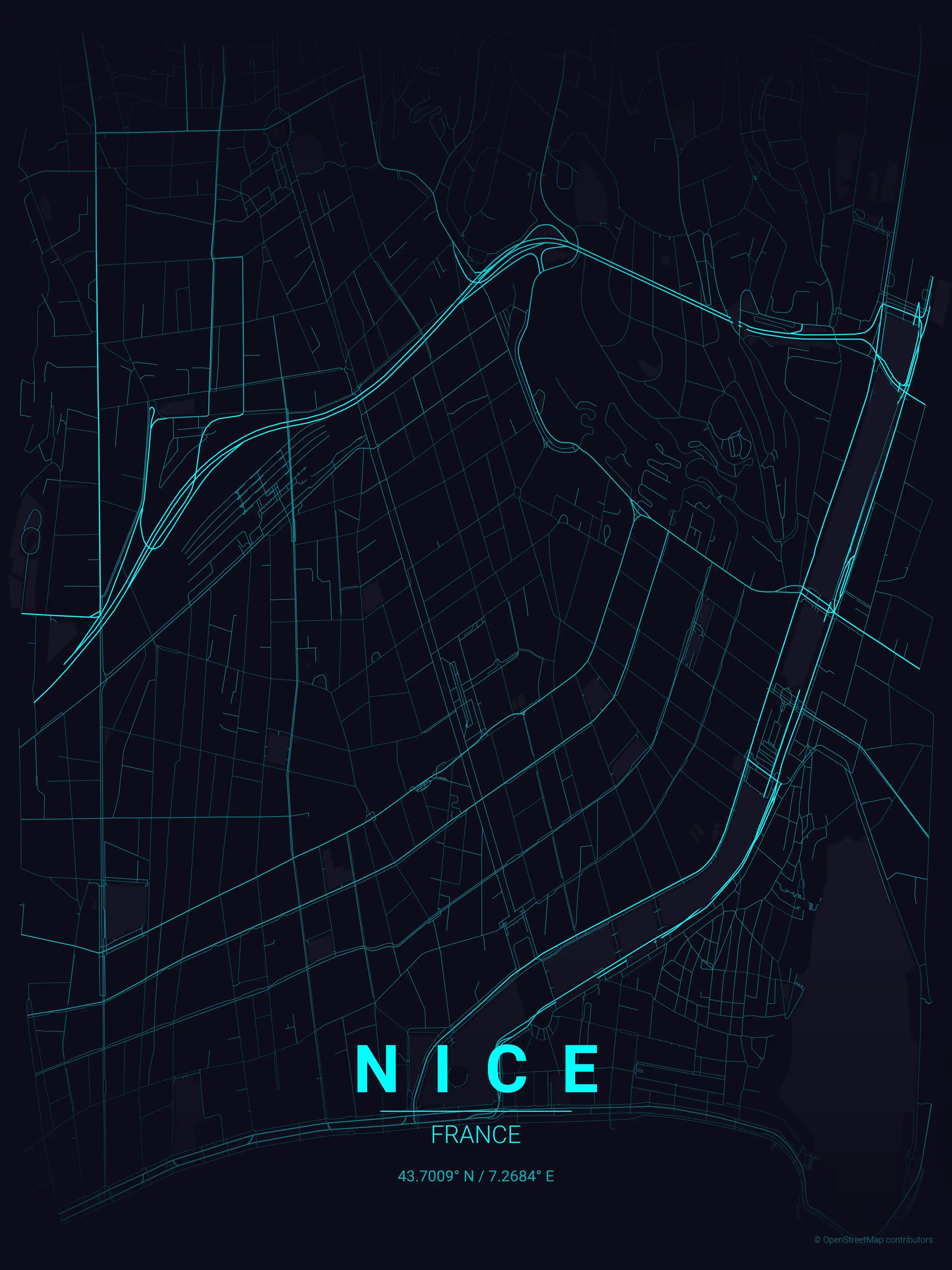 Minimalist neon_cyberpunk street map of Nice, France - Urban grid art