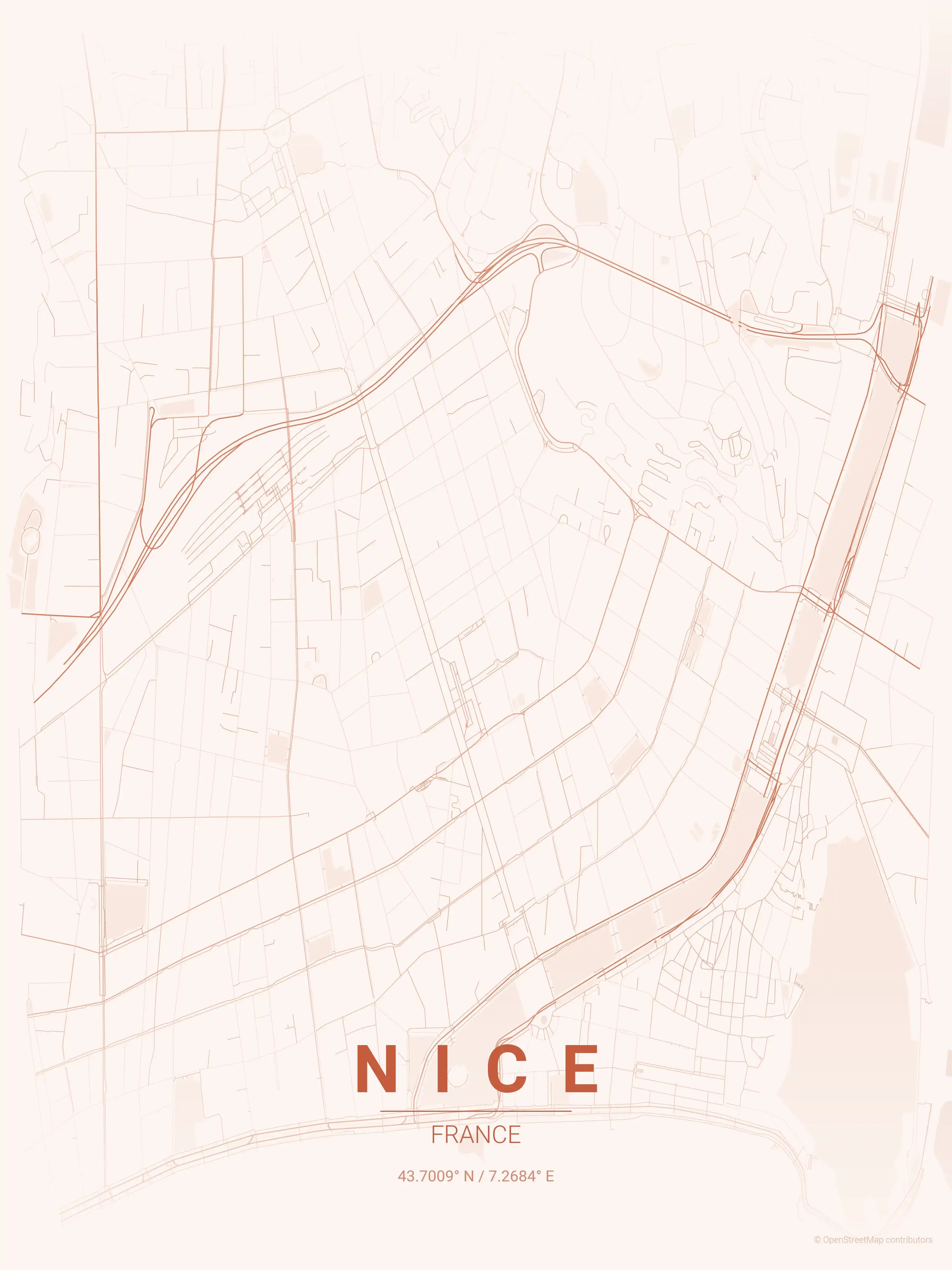 Minimalist sunset street map of Nice, France - Urban grid art