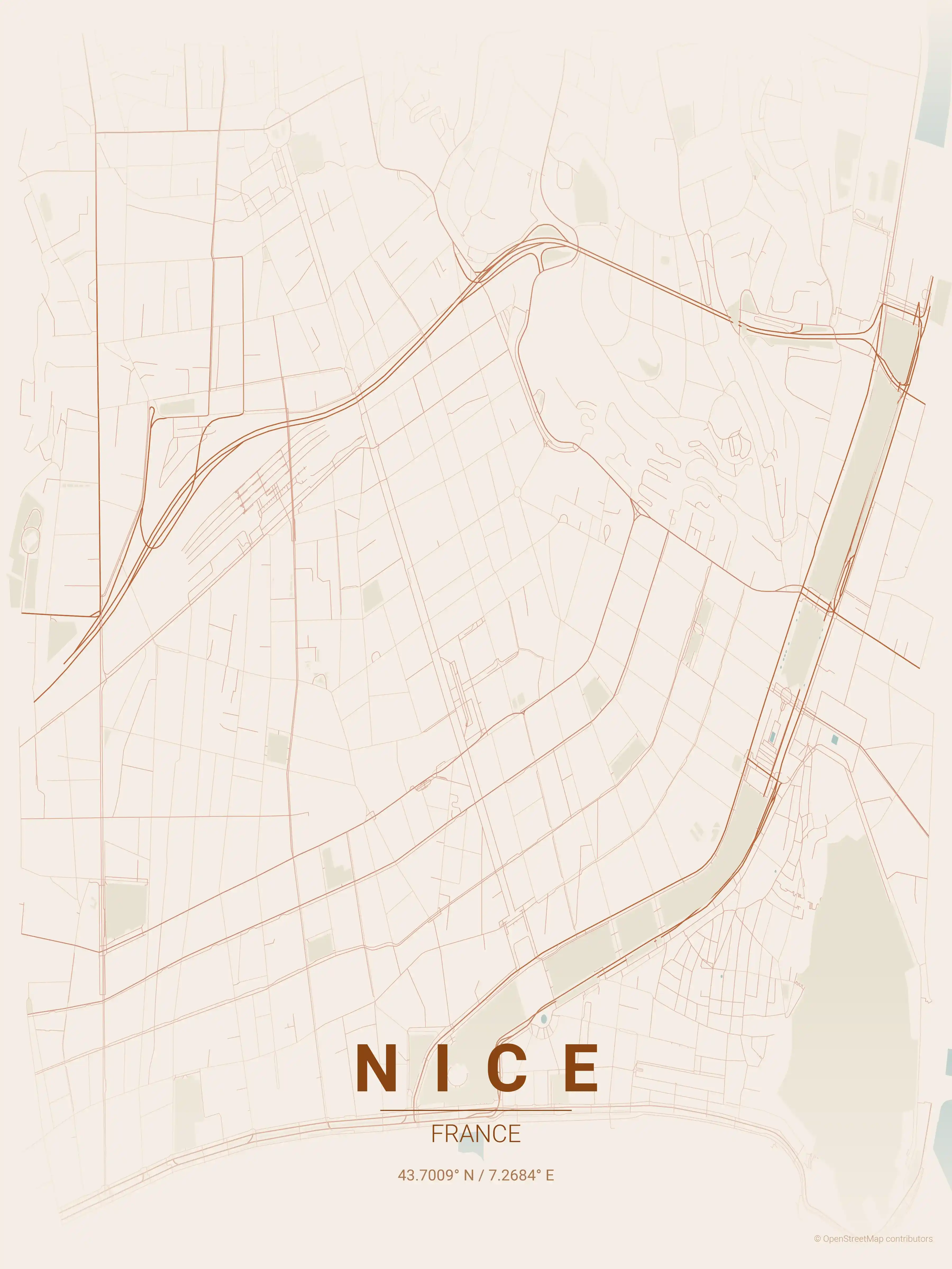 Minimalist terracotta street map of Nice, France - Urban grid art
