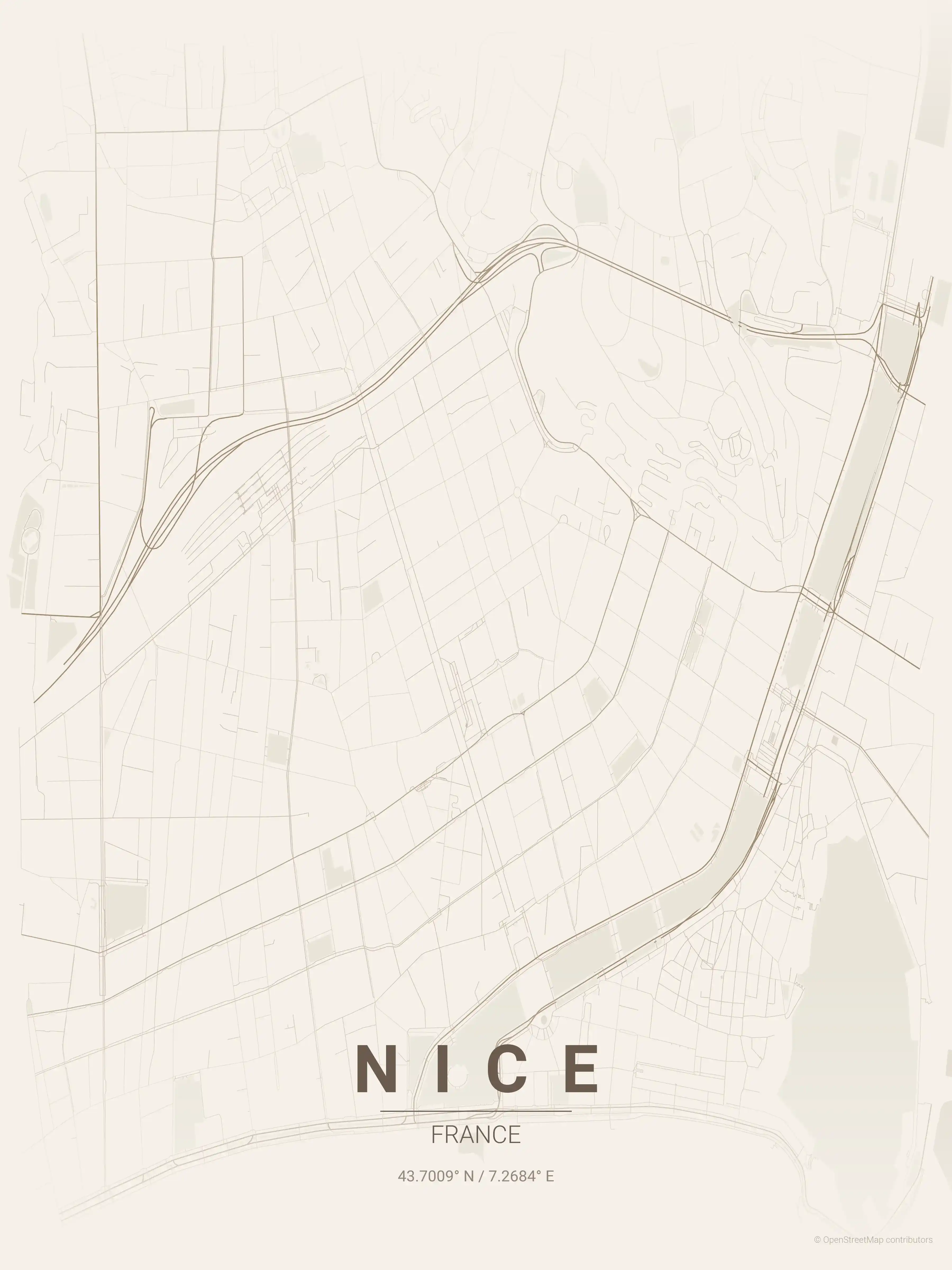 Minimalist warm_beige street map of Nice, France - Urban grid art