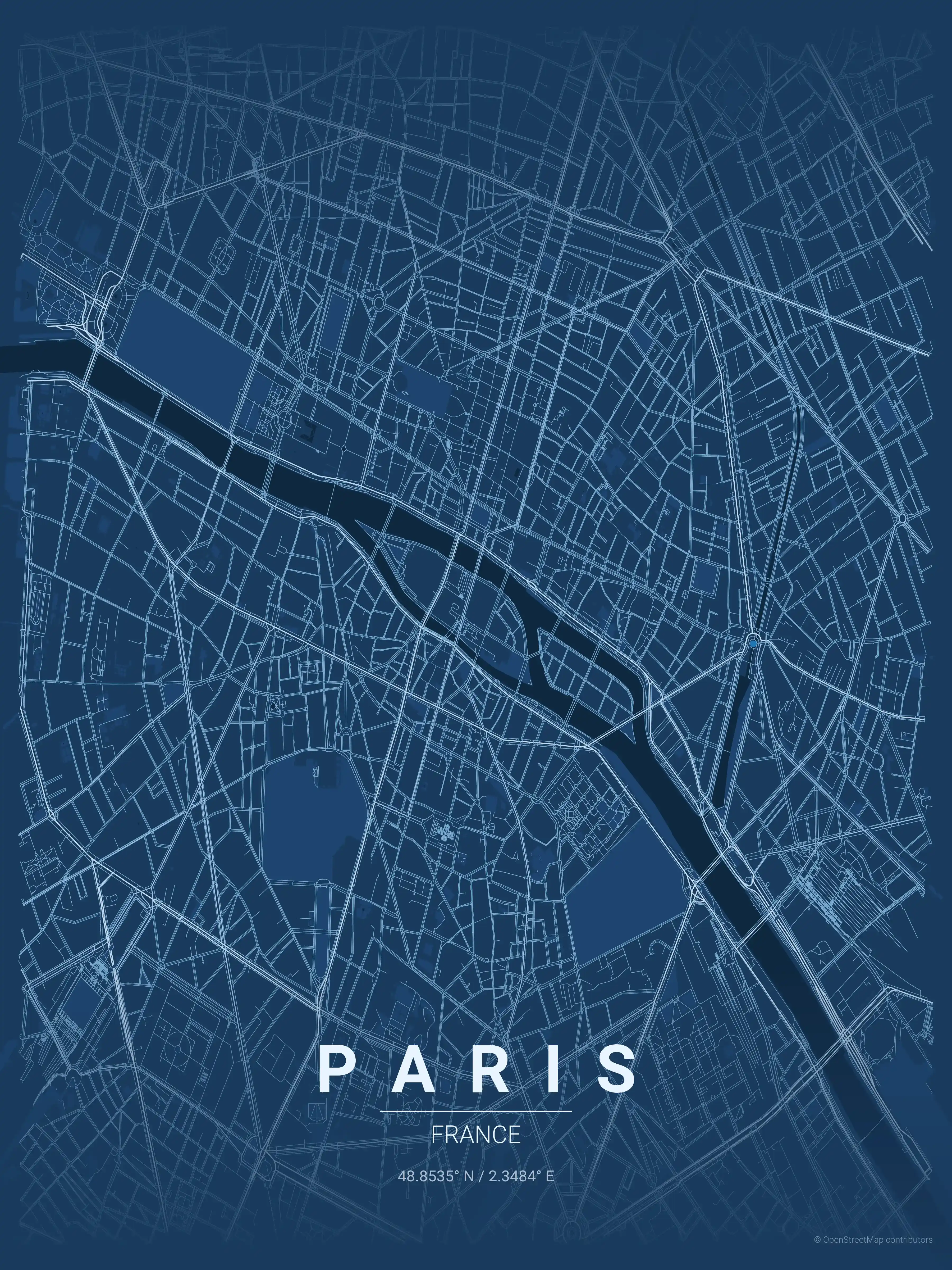 Minimalist blueprint street map of Paris, France - Urban grid art