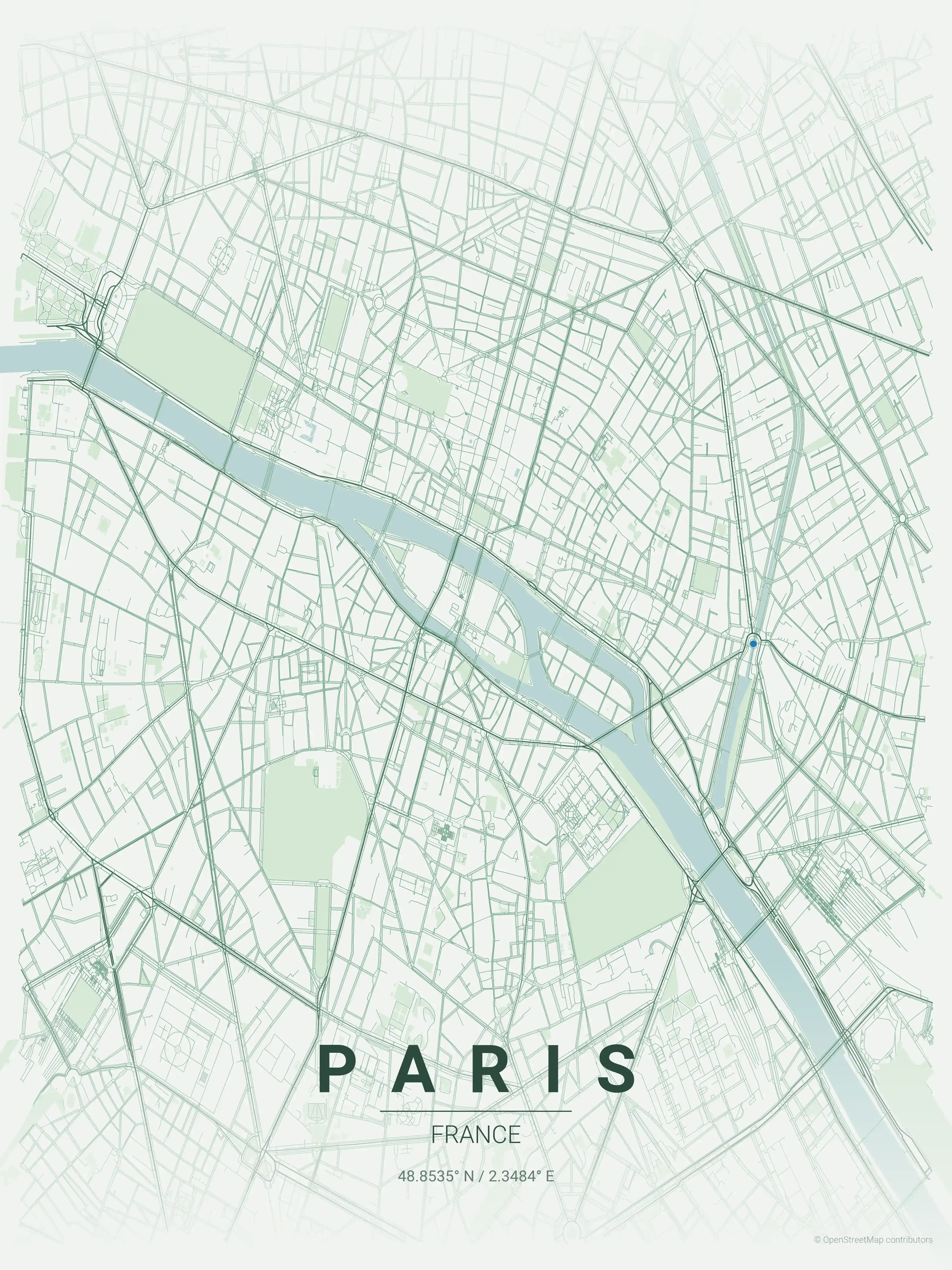 Minimalist forest street map of Paris, France - Urban grid art