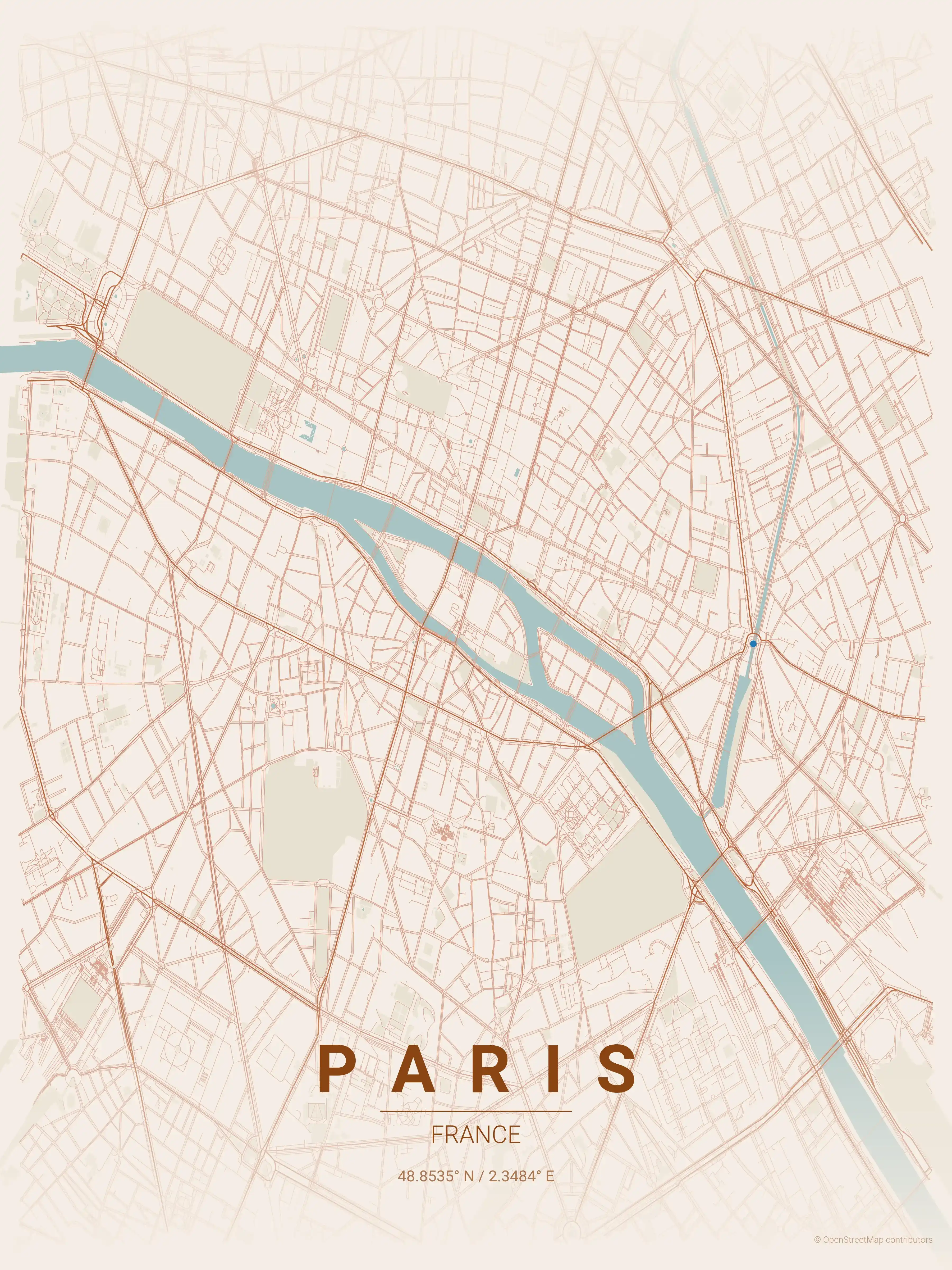 Minimalist terracotta street map of Paris, France - Urban grid art
