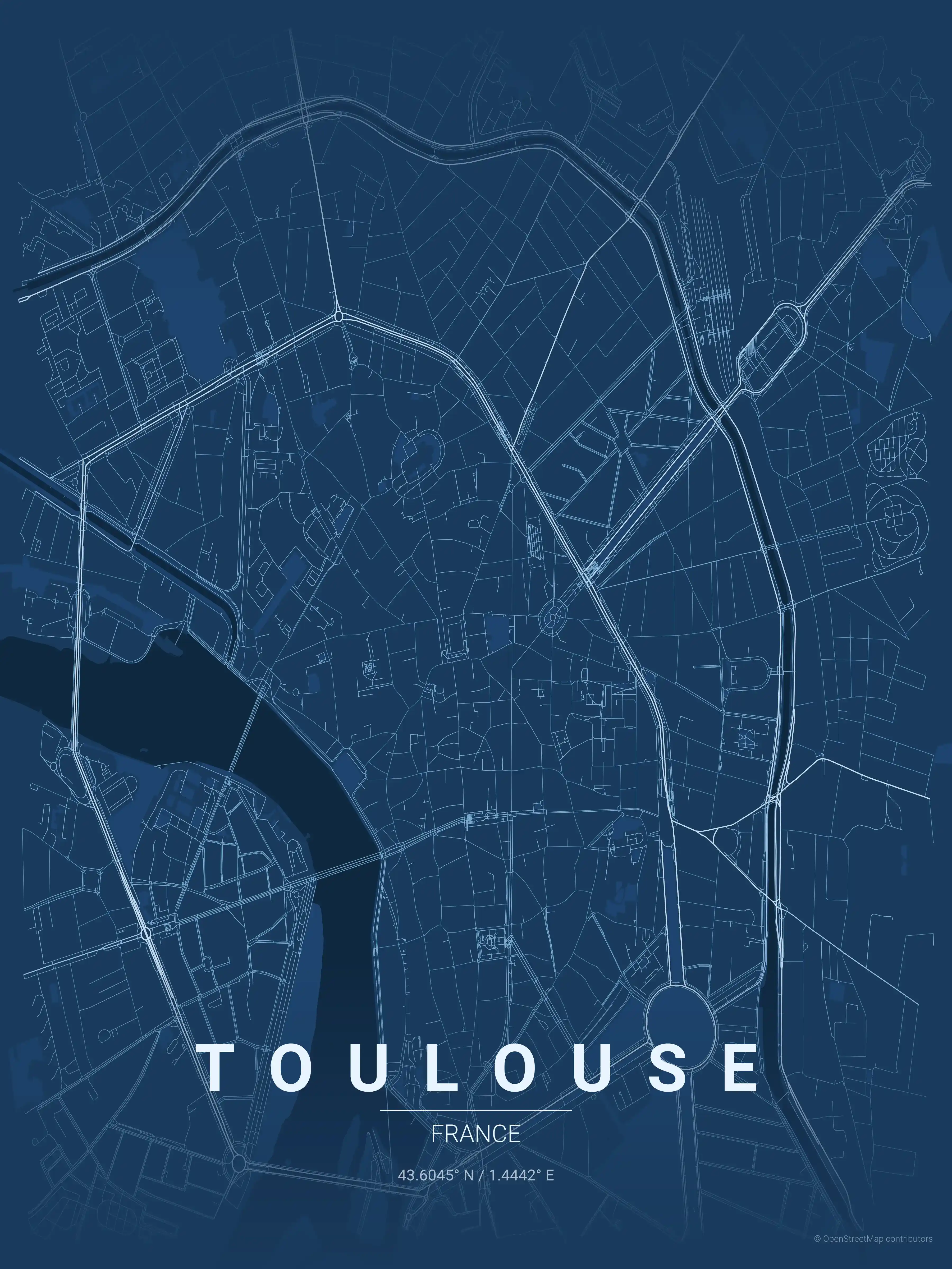 Minimalist blueprint street map of Toulouse, France - Urban grid art