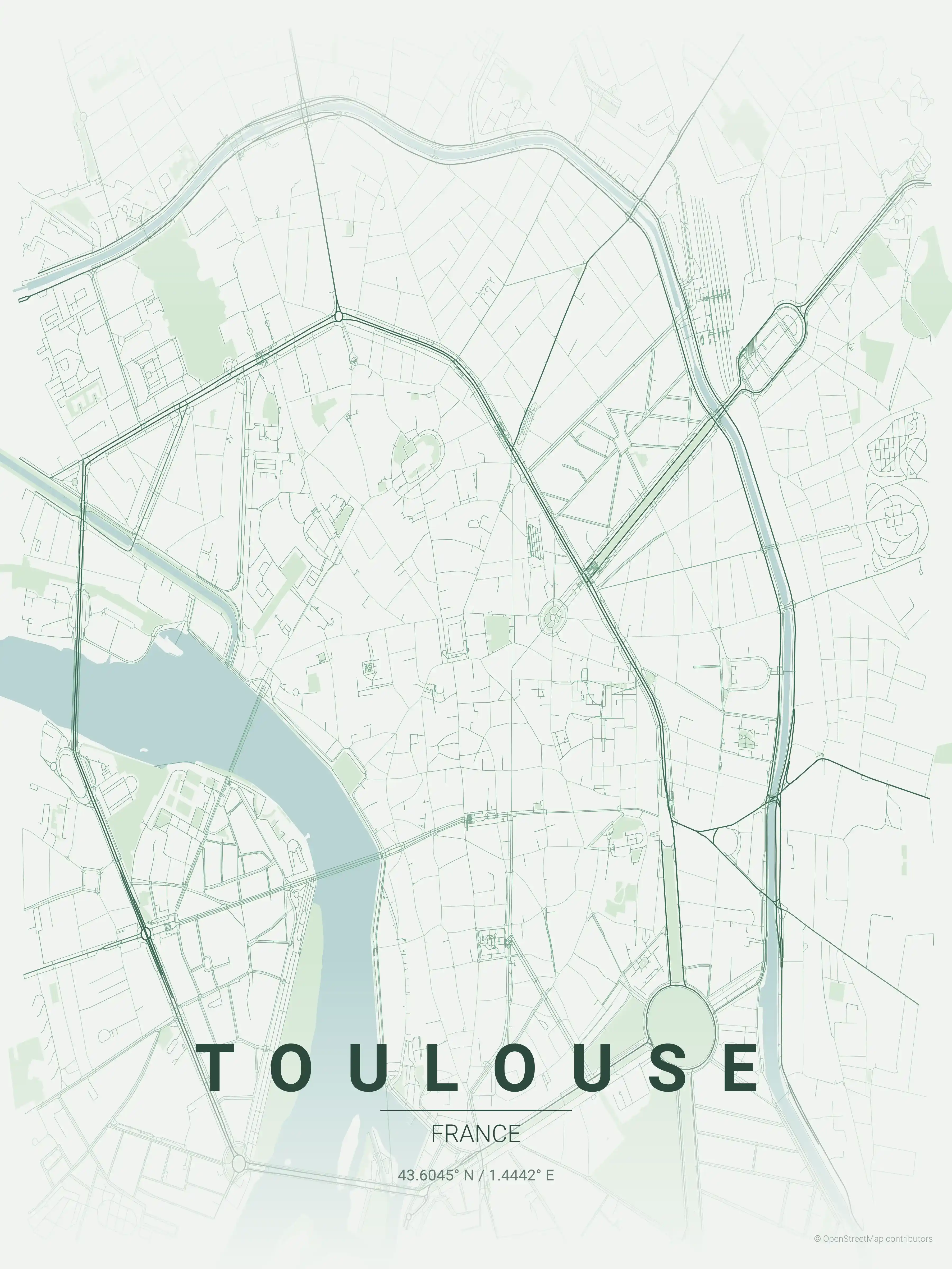 Minimalist forest street map of Toulouse, France - Urban grid art